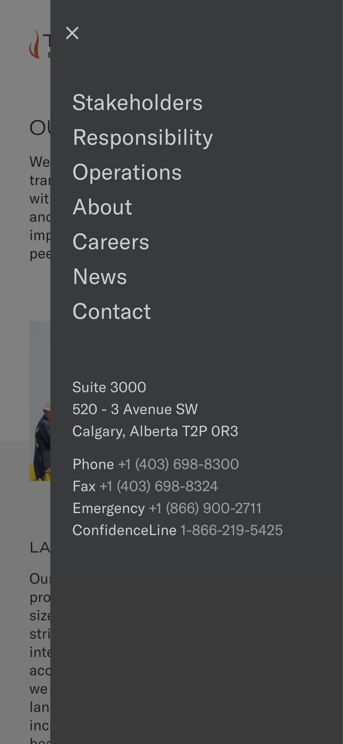 Teine Energy website menu on a phone, listing Stakeholders, Responsibility, Operations, About, Careers, News and Contact with the Calgary office address and phone numbers.