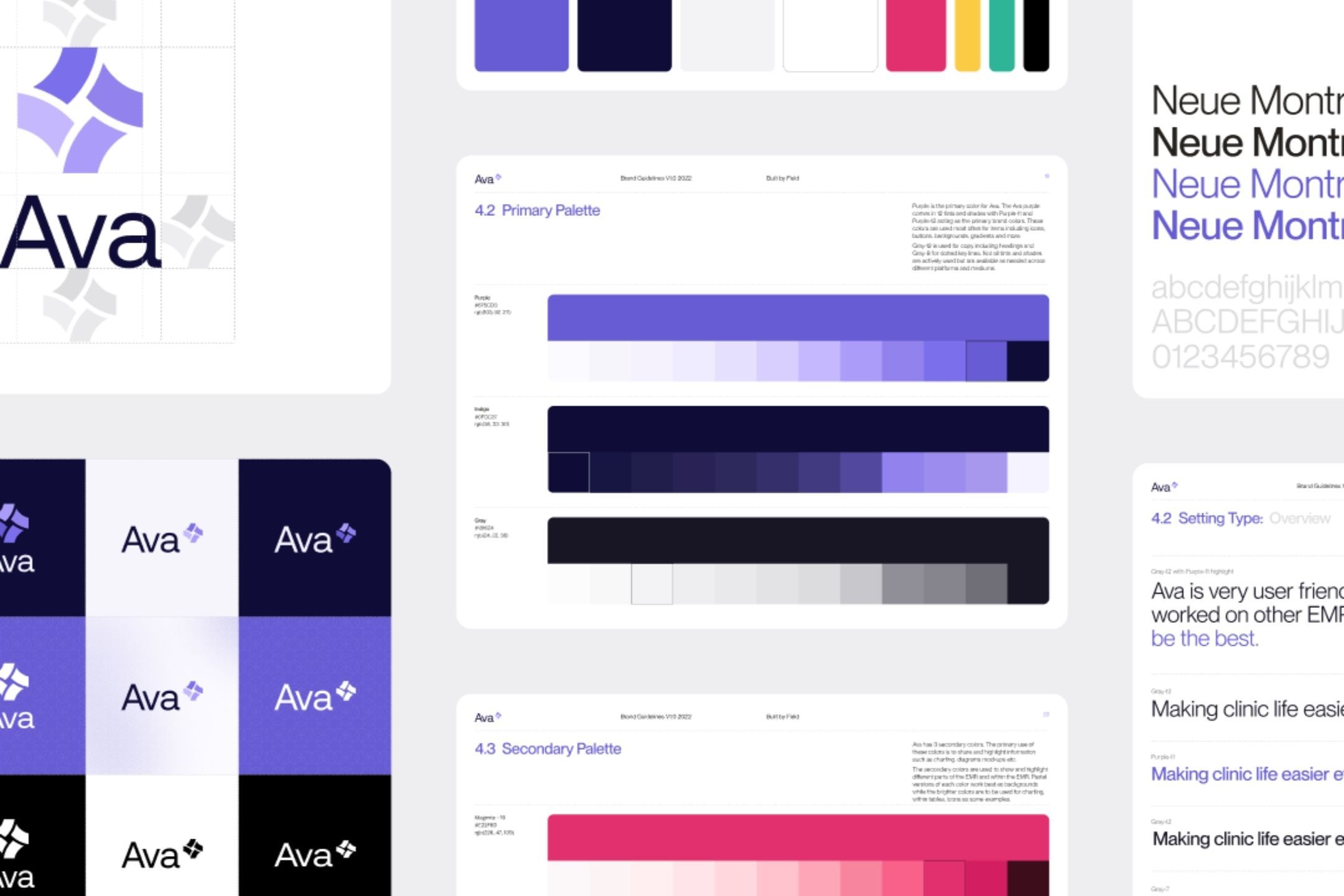 Ava brand guidelines spread showing the logo construction grid, purple and magenta color palettes, and Neue Montreal type specimens.