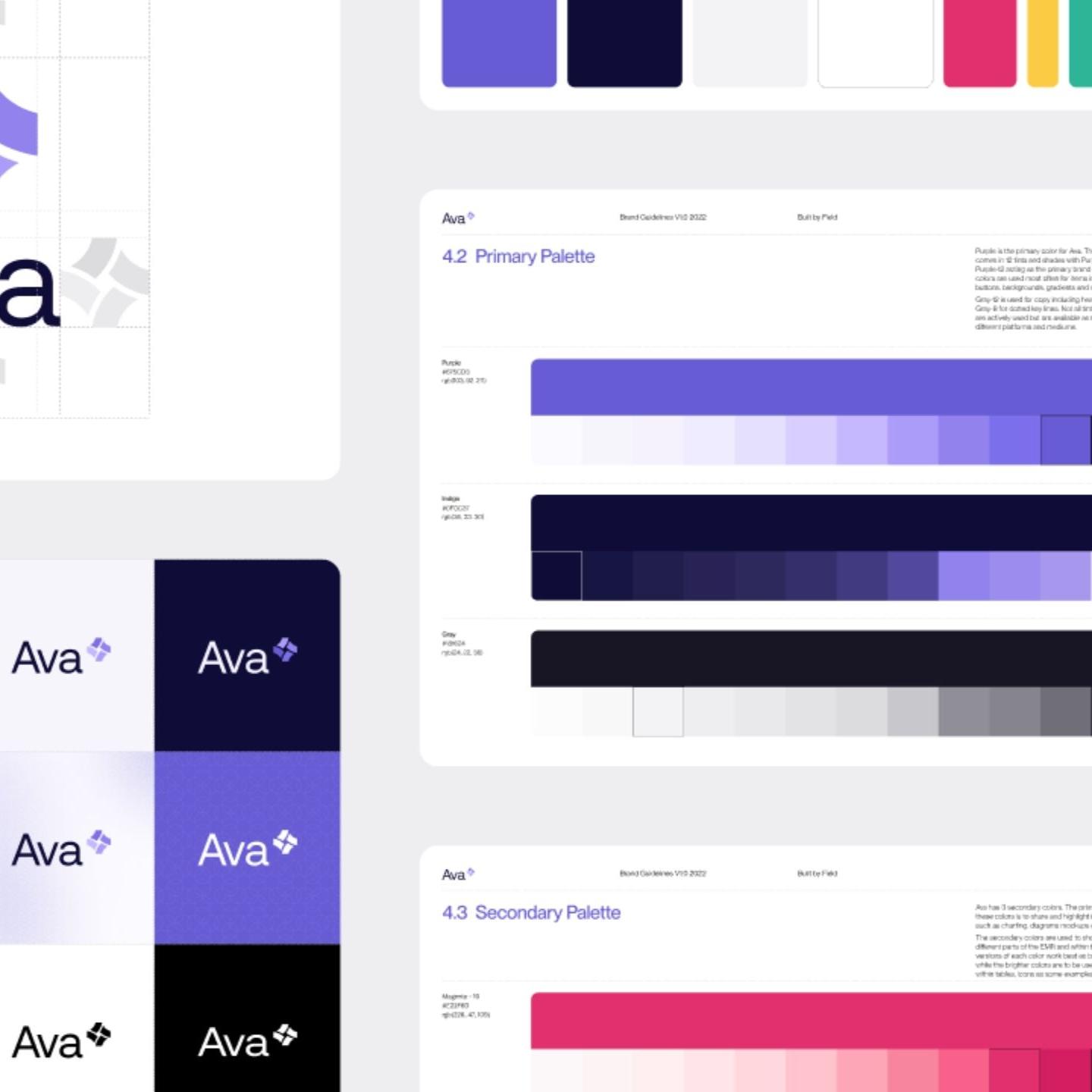 Ava brand guidelines spread showing the logo construction grid, purple and magenta color palettes, and Neue Montreal type specimens.