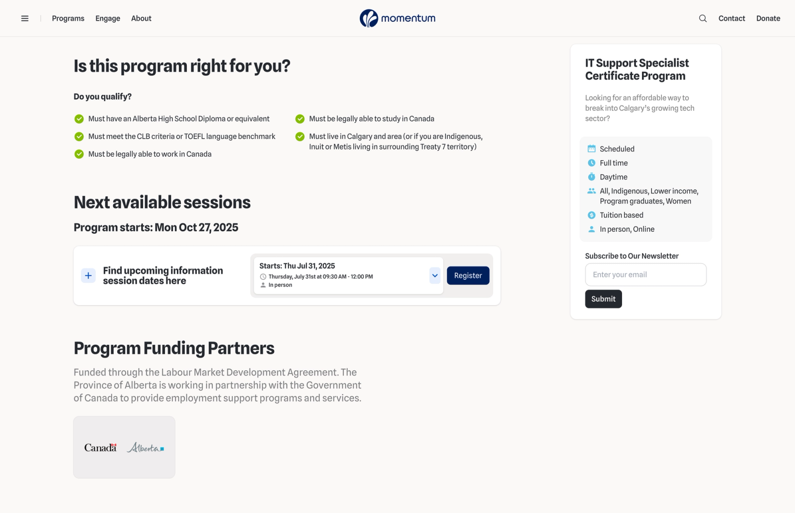 A Momentum program page showing an eligibility checklist, upcoming session dates with a register button, a sidebar of program attributes, and funding partners.