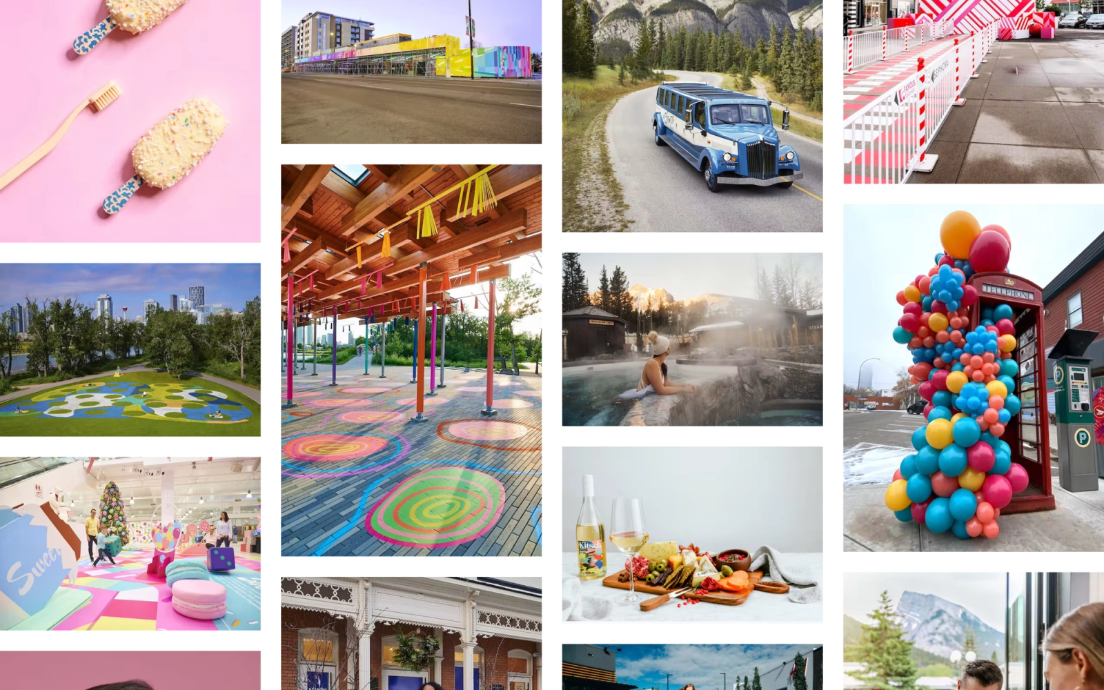 Mosaic of Calgary and Banff lifestyle photos including bamboo toothbrushes, a colorful playground, a hot spring, a vintage limousine, and a balloon-decorated phone booth.