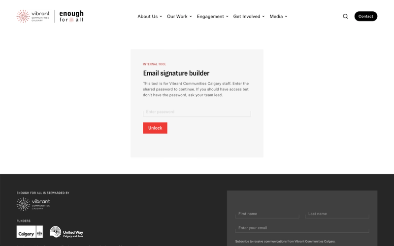 Email signature builder for Vibrant Communities Calgary staff, a password-protected internal tool on the Enough For All website.