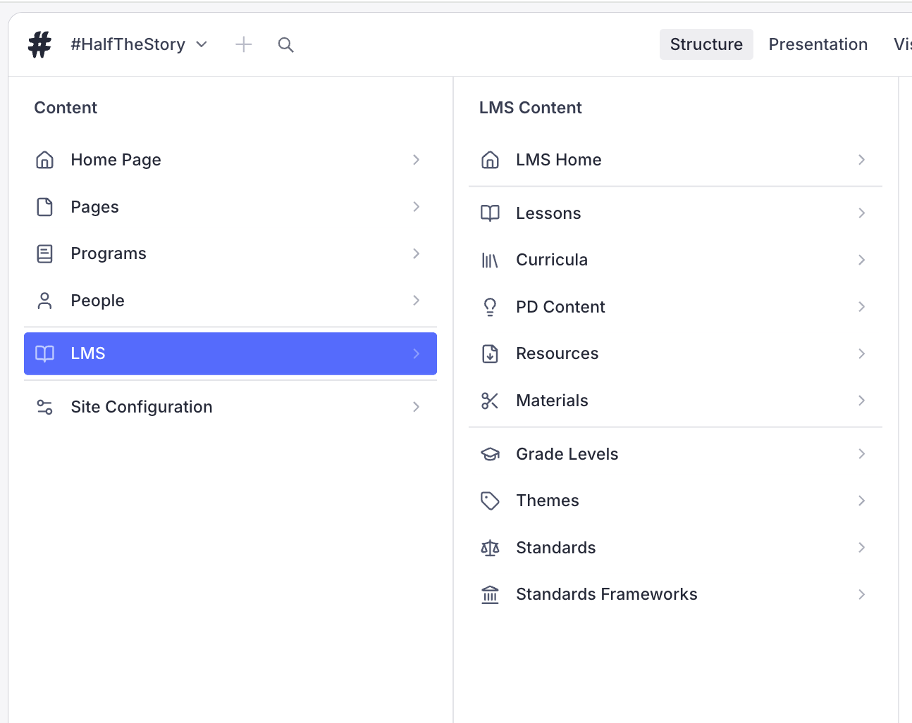 The #HalfTheStory Sanity Studio, listing learning platform content types such as lessons, curricula, PD content, resources and standards.