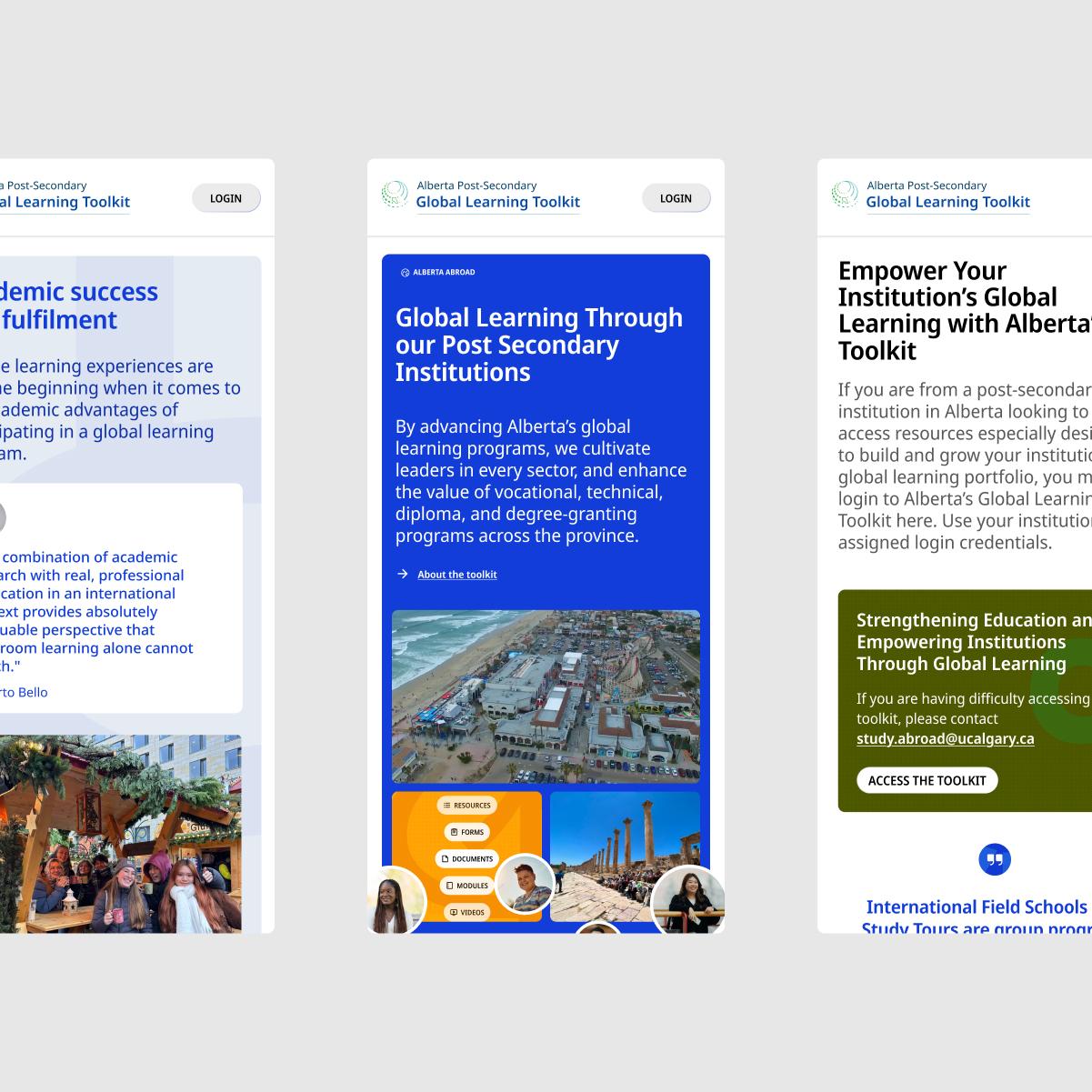 Three mobile pages of the Alberta Post-Secondary Global Learning Toolkit, including Global Learning Through our Post Secondary Institutions.