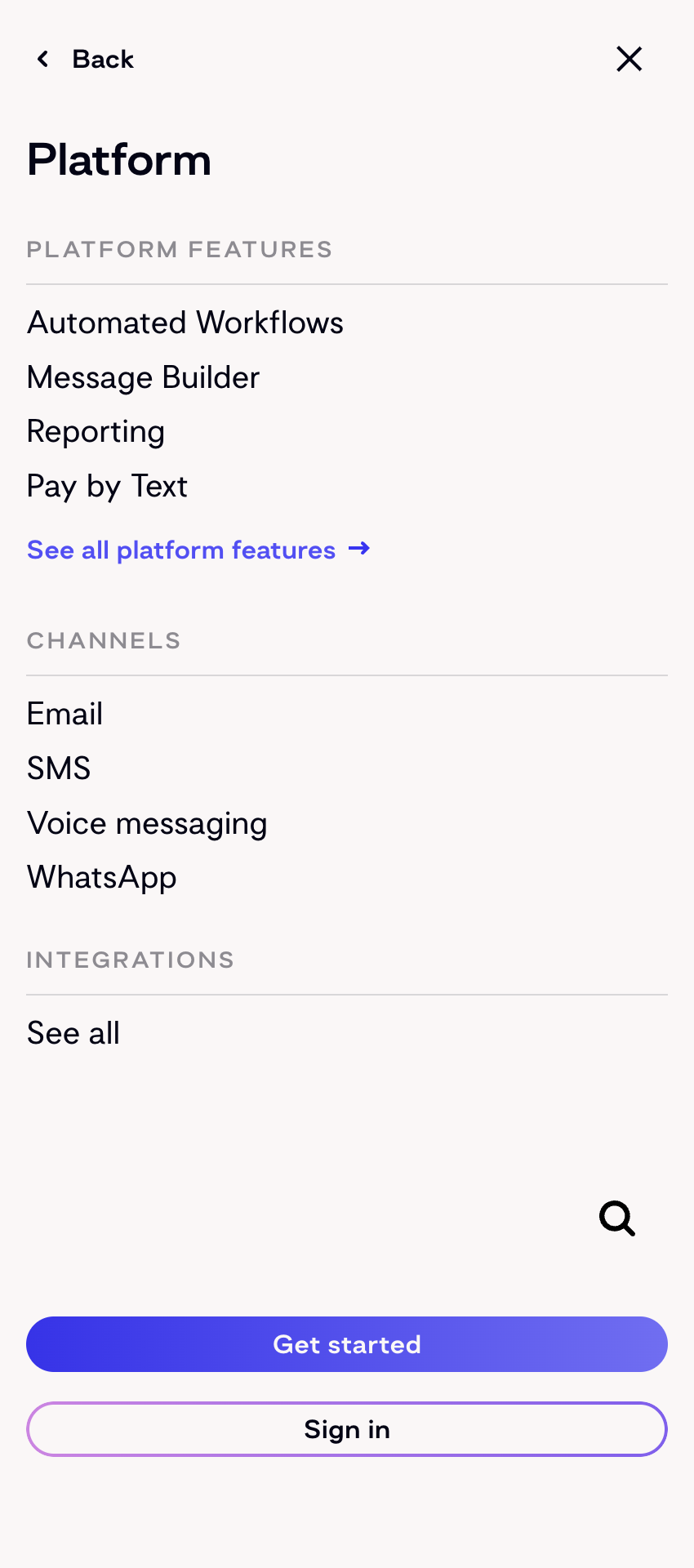 Mobile menu screen headed 'Platform' listing Platform Features, Channels, and Integrations options, with 'Get started' and 'Sign in' buttons at the bottom.