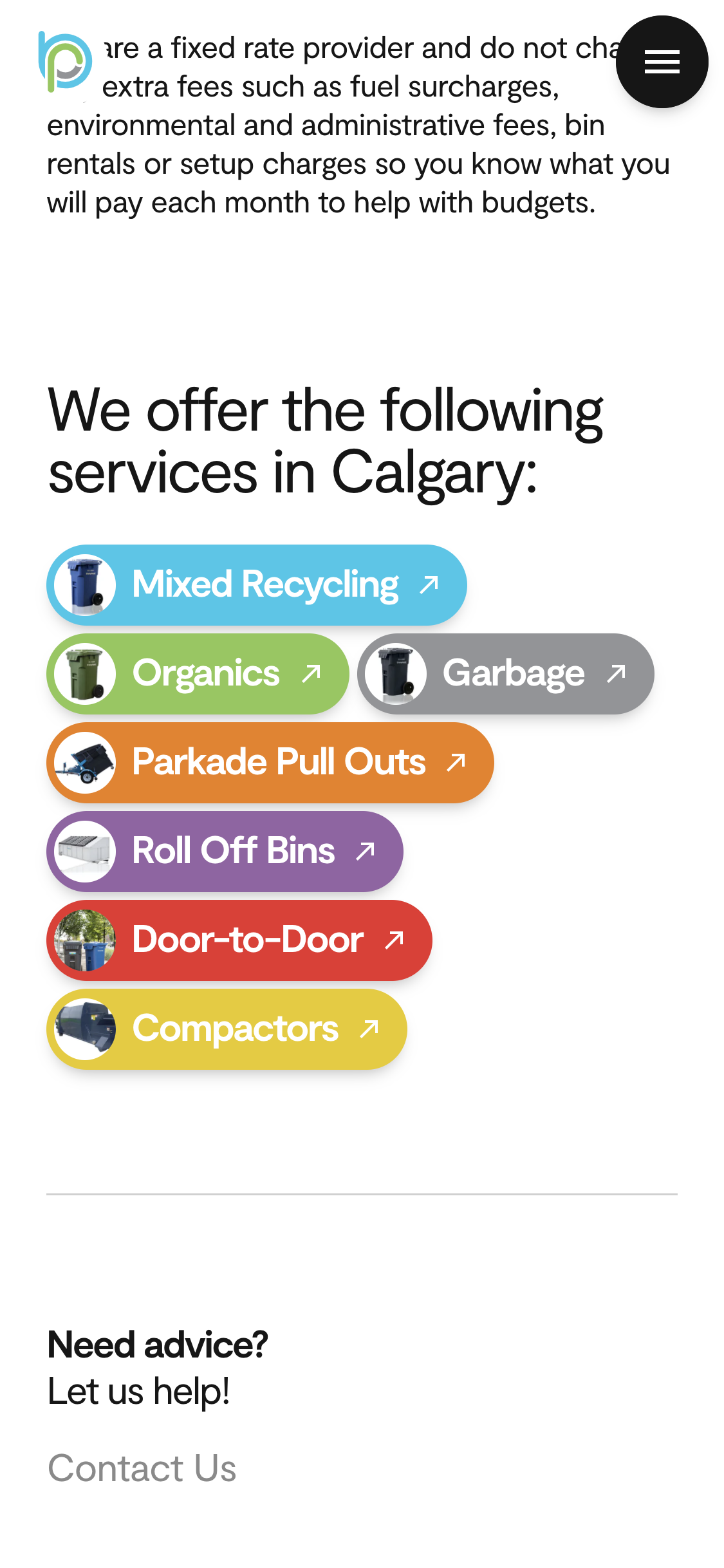 Bluplanet Recycling services page on a phone, listing mixed recycling, organics, garbage, parkade pull outs, roll off bins, door-to-door and compactors in Calgary.