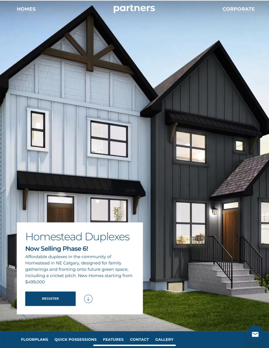 Partners Development Group community hub, featuring Homestead Duplexes in northeast Calgary over a rendering of a two-tone duplex.