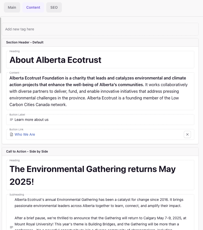 Sanity CMS editing interface showing a 'Section Header' block titled 'About Alberta Ecotrust' and a 'Call to Action' block headed 'The Environmental Gathering returns May 2025!'