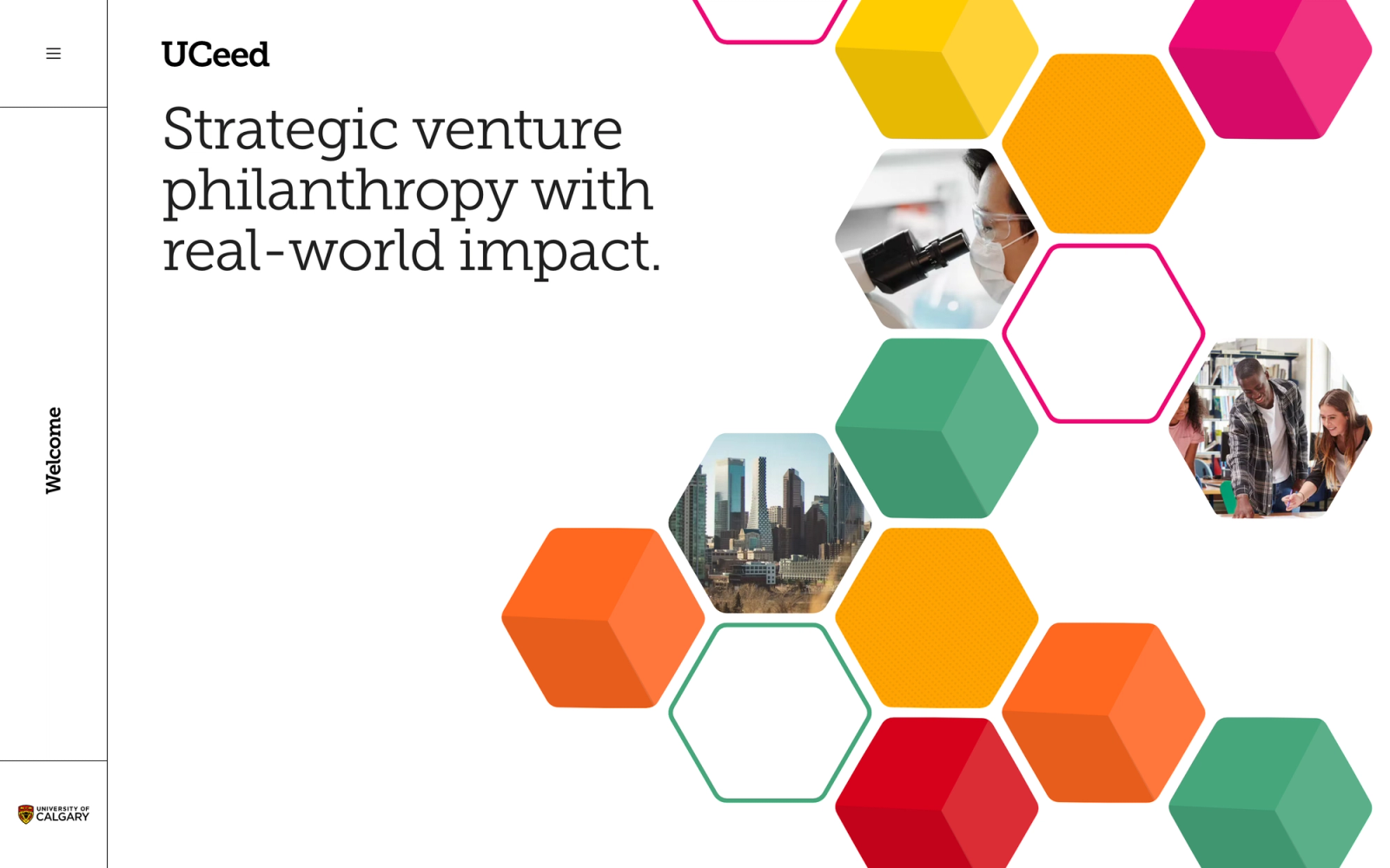 UCeed website landing page headlined 'Strategic venture philanthropy with real-world impact,' with a collage of colorful hexagons and photos beside a vertical 'Welcome' label.