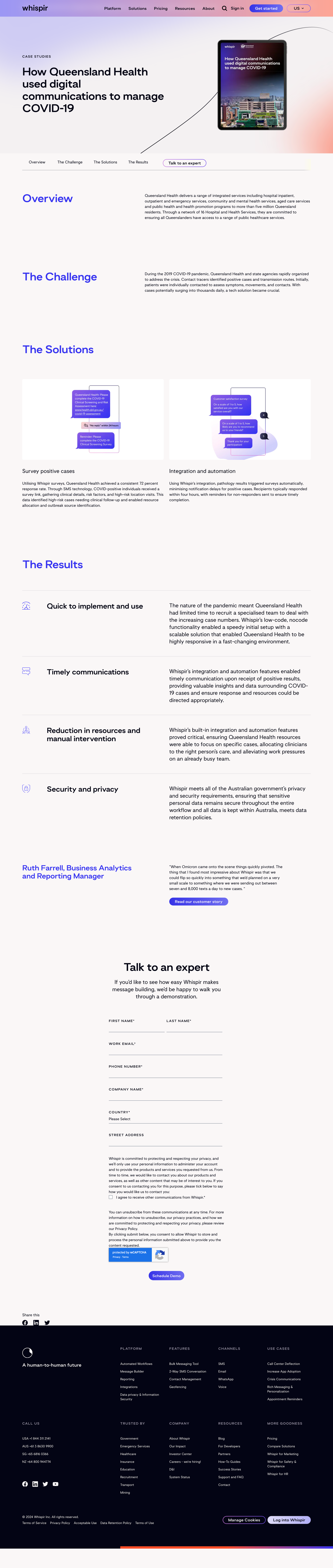 Full-length Whispir case-study web page, 'How Queensland Health used digital communications to manage COVID-19,' with Overview, Challenge, Solutions, Results sections and a contact form.