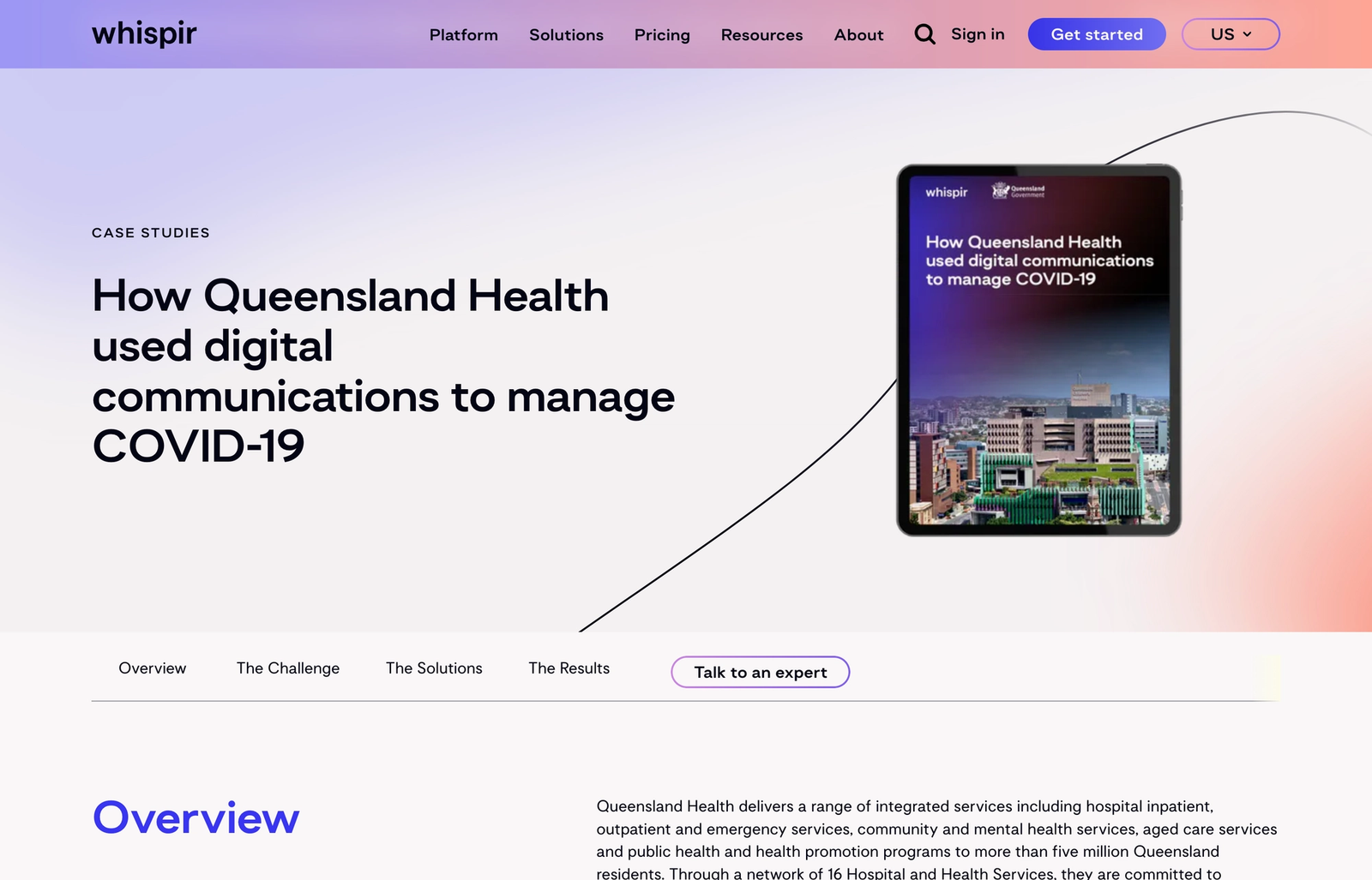 Full-length Whispir case-study web page, 'How Queensland Health used digital communications to manage COVID-19,' with Overview, Challenge, Solutions, Results sections and a contact form.