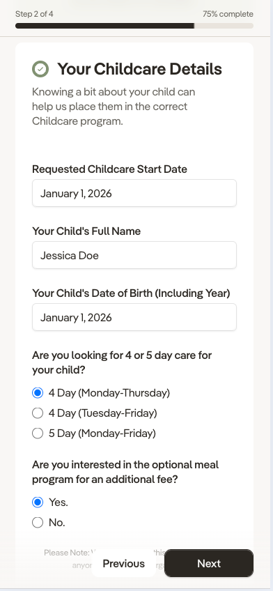Wee Wild Ones childcare inquiry form on a phone, at step two of four asking for the start date, the child's name, birth date and days of care.