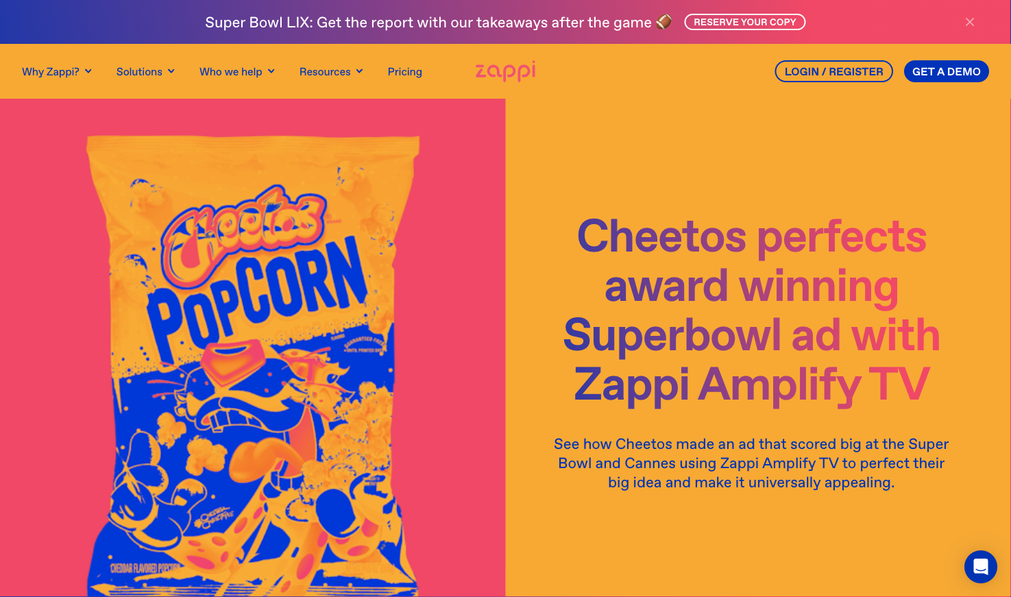 Zappi website hero reading 'Cheetos perfects award winning Superbowl ad with Zappi Amplify TV,' beside a blue and orange Cheetos Popcorn bag on a pink panel.