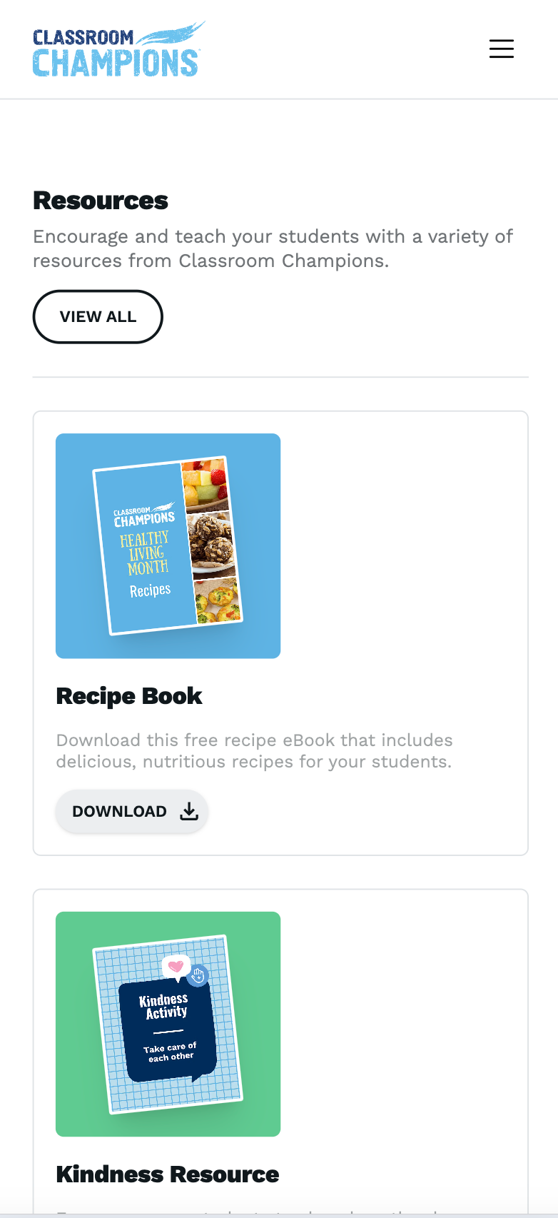 Classroom Champions mobile 'Resources' page with a 'View All' button, a 'Recipe Book' download card, and a green 'Kindness Resource' card below.