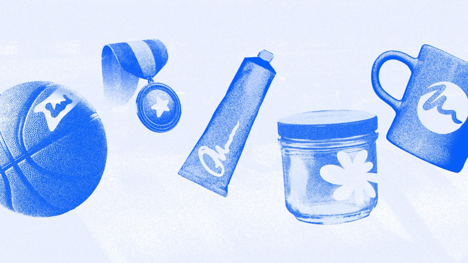 Blue halftone illustrations of a basketball, a medal, a tube, a jar and a mug, from the Tributes identity.