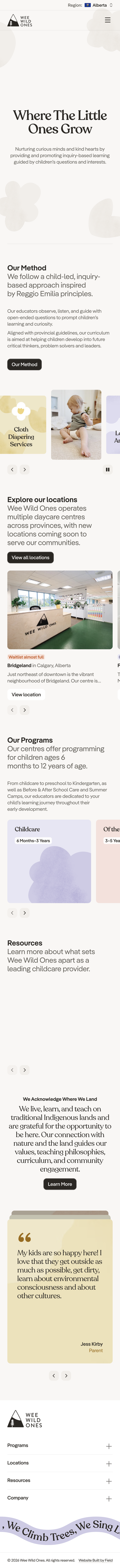 Wee Wild Ones homepage on a phone, headed Where The Little Ones Grow, with a line about inquiry-based learning.