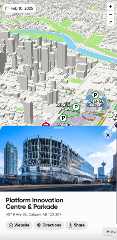Mobile map view dated 'Feb 10, 2025' showing a 3D Calgary cityscape with parking pins, and a detail card for the 'Platform Innovation Centre & Parkade' at 407 9 Ave SE.