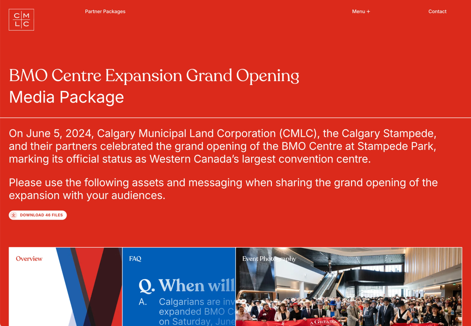CMLC website page headlined 'BMO Centre Expansion Grand Opening Media Package,' with a 'Download 46 files' button and Overview, FAQ, and Event Photography preview tiles.