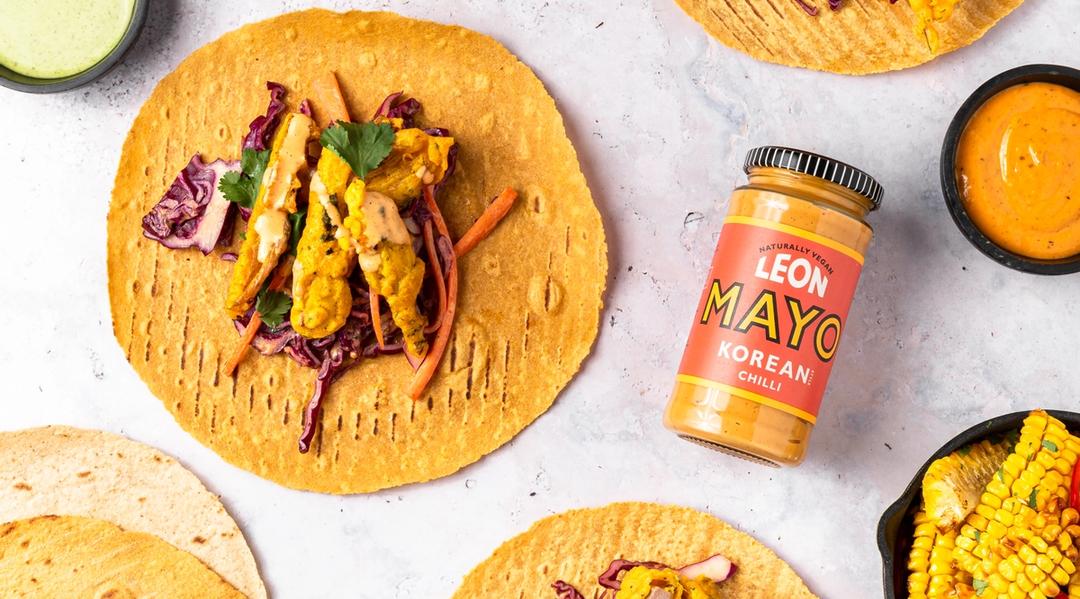 Jackfruit Tortillas Tacos with Korean Mayo Slaw and Avocado Crema