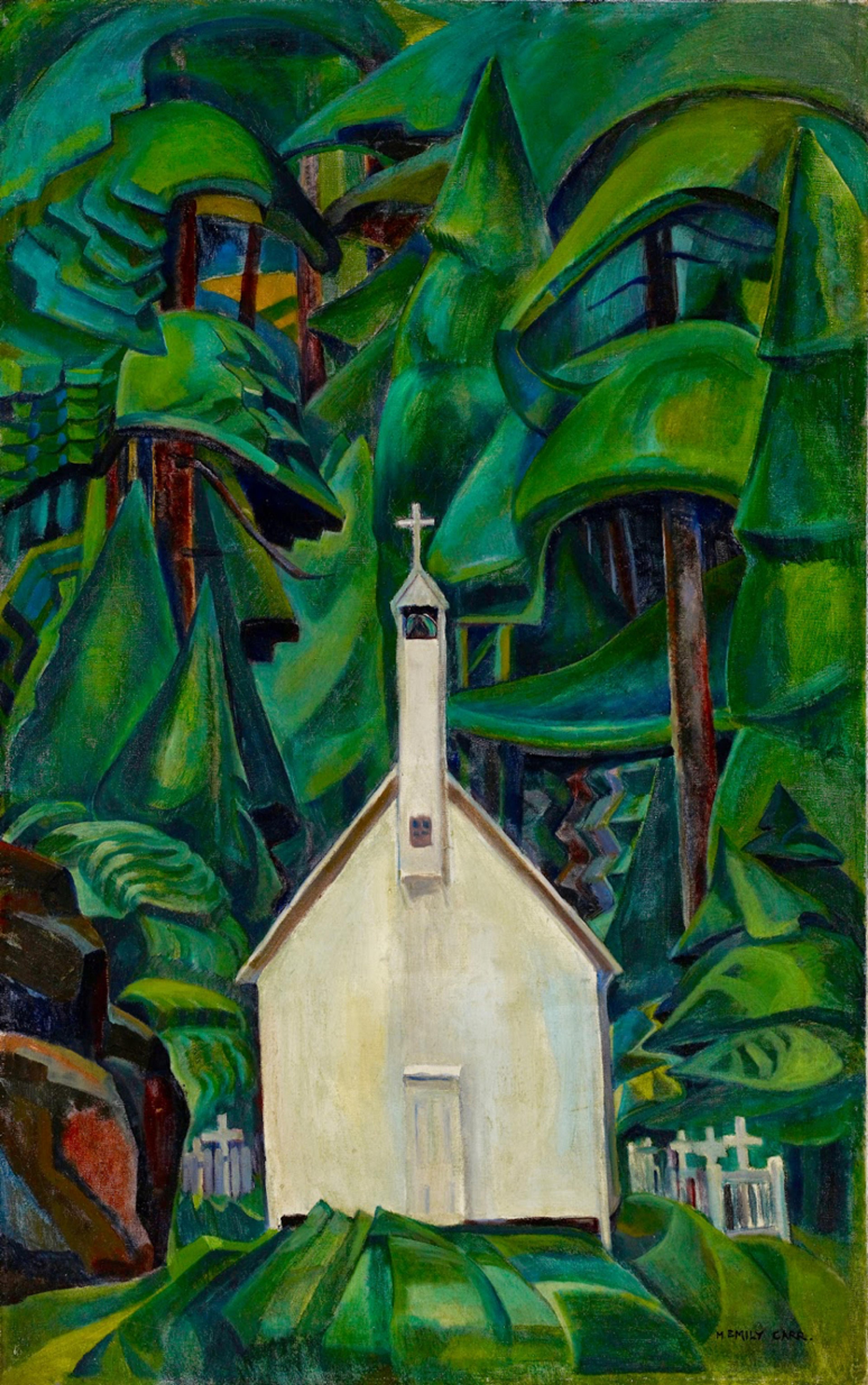 Small white church surrounded by a tall green forest.