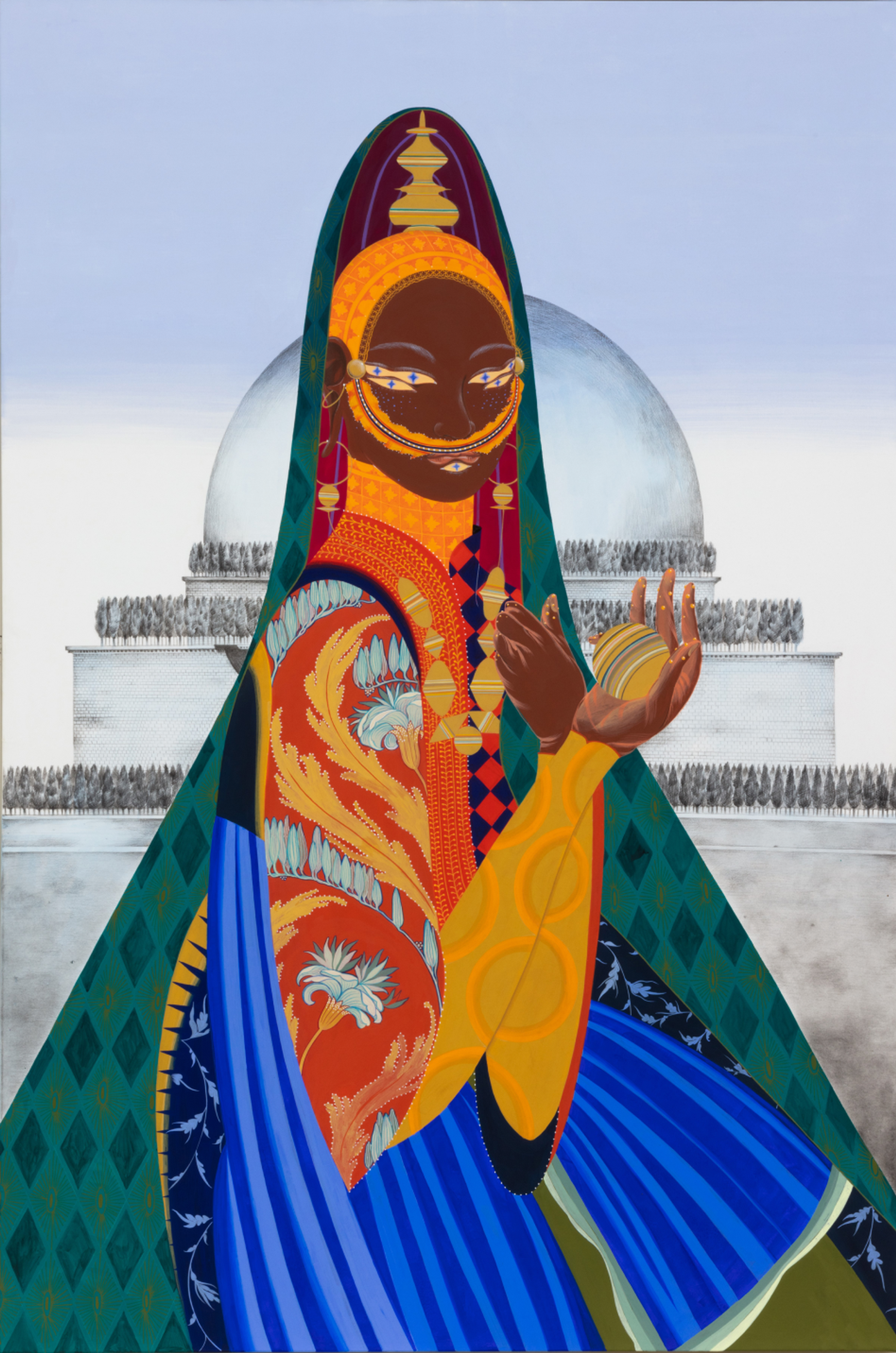 A mixed media depiction of an imaginary human covered in multi-coloured robes, holding a globe, sitting in front of a domed building.