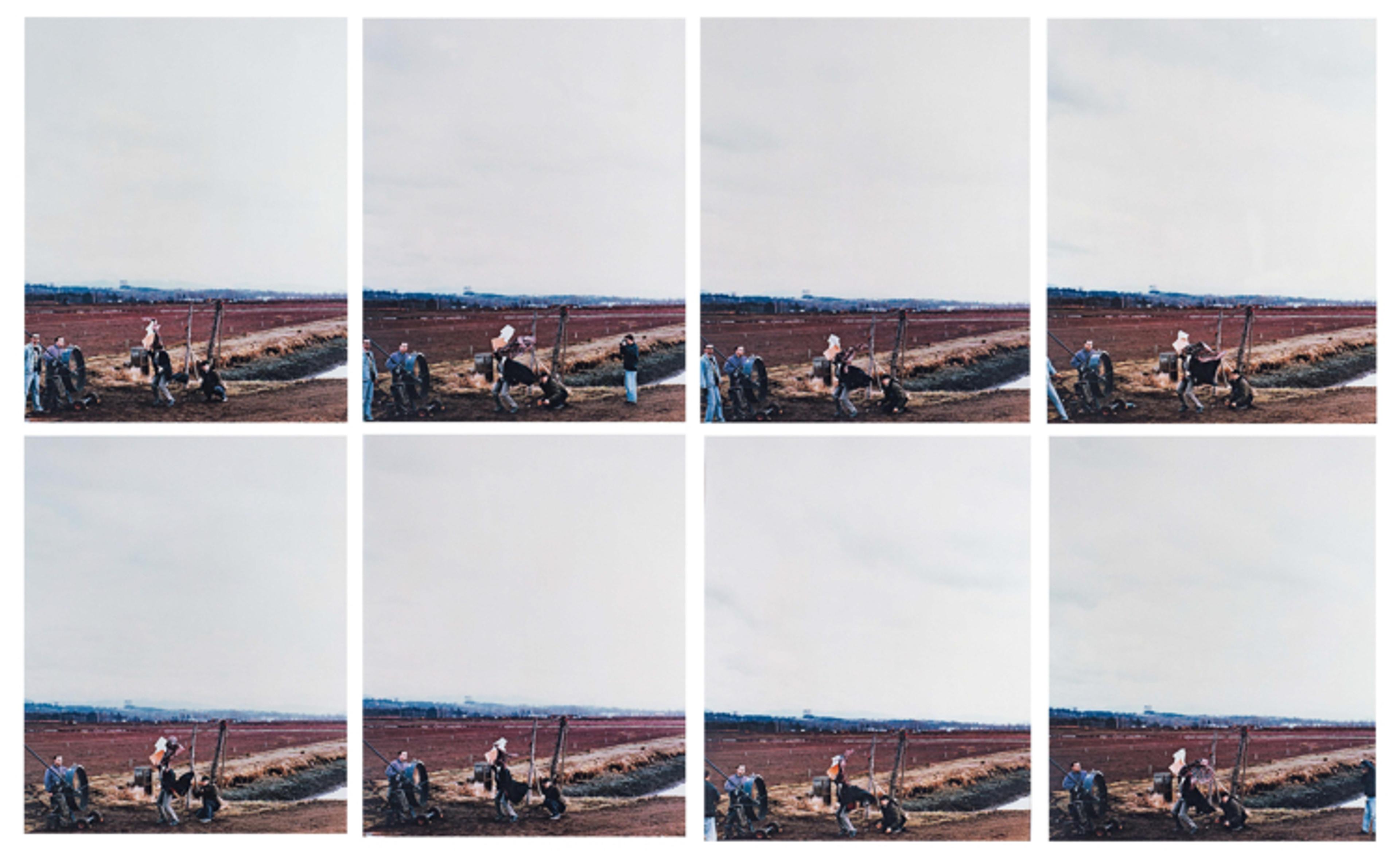 Eight images side by side of the photographer Jeff Wall and his crew in the field.