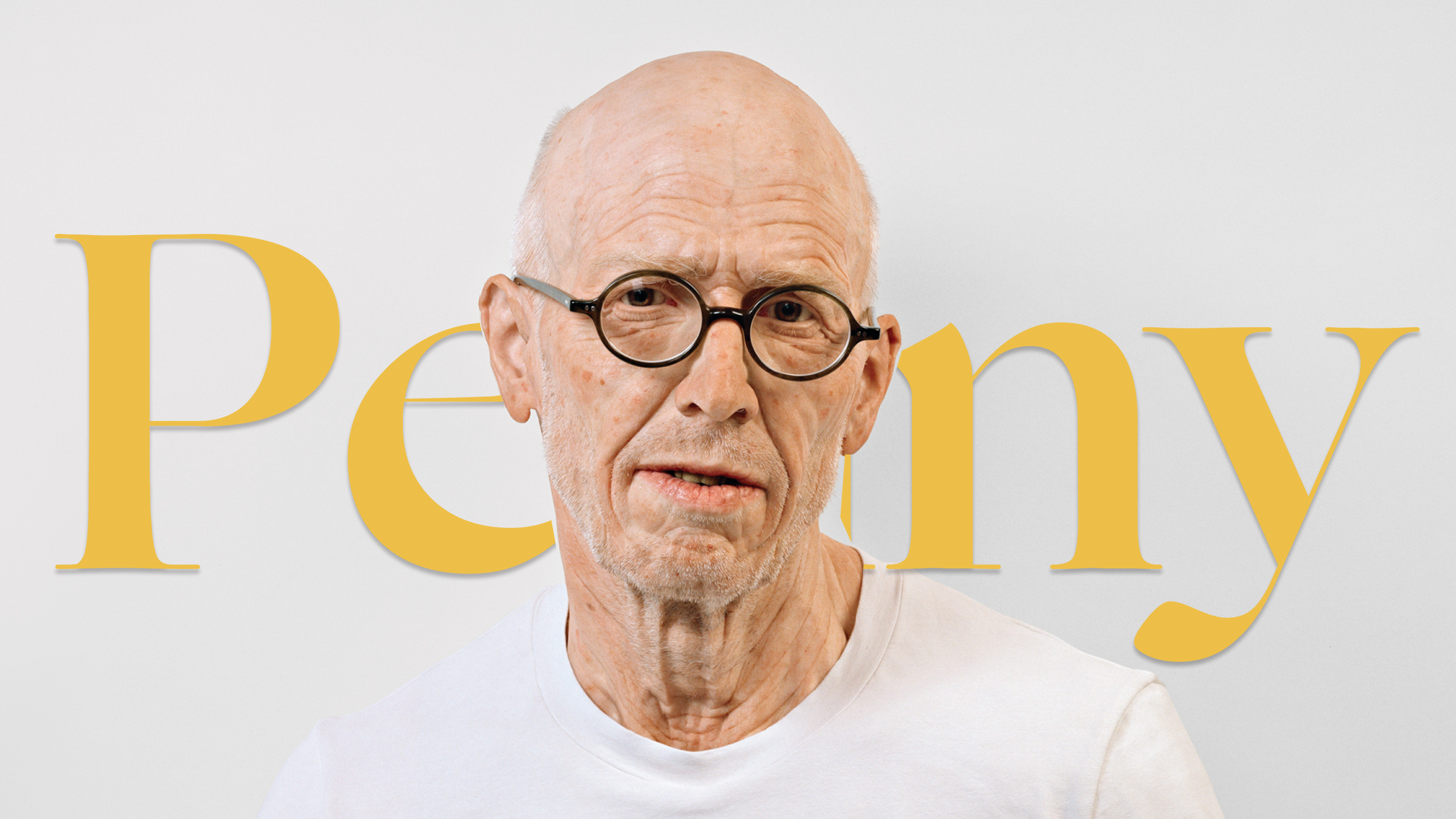 Sculpture of a realistic looking old man with black glasses in a white tshirt