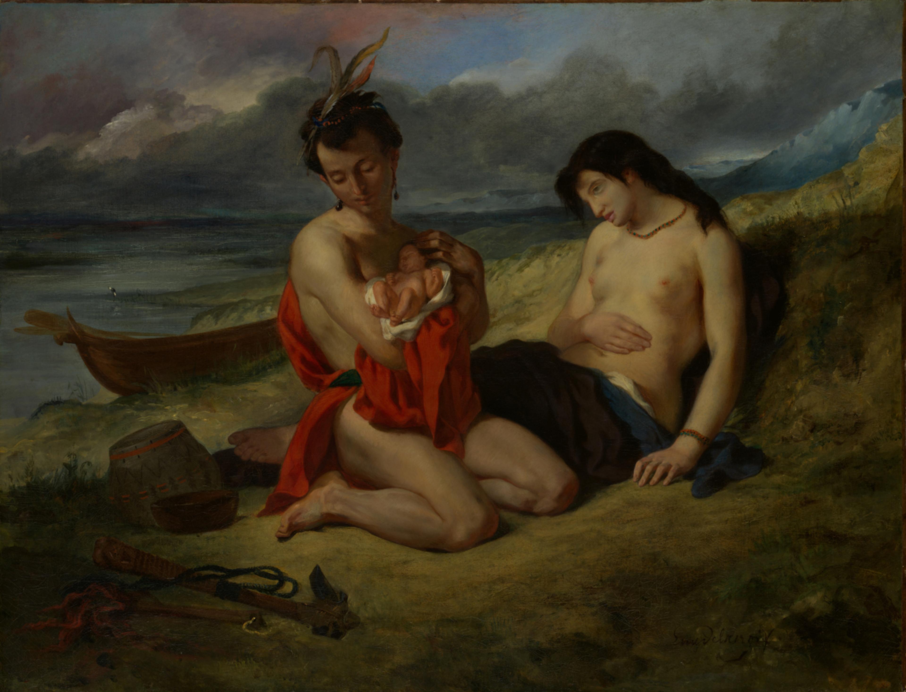 A 19th-century painting of two people on a beach with a newborn baby.