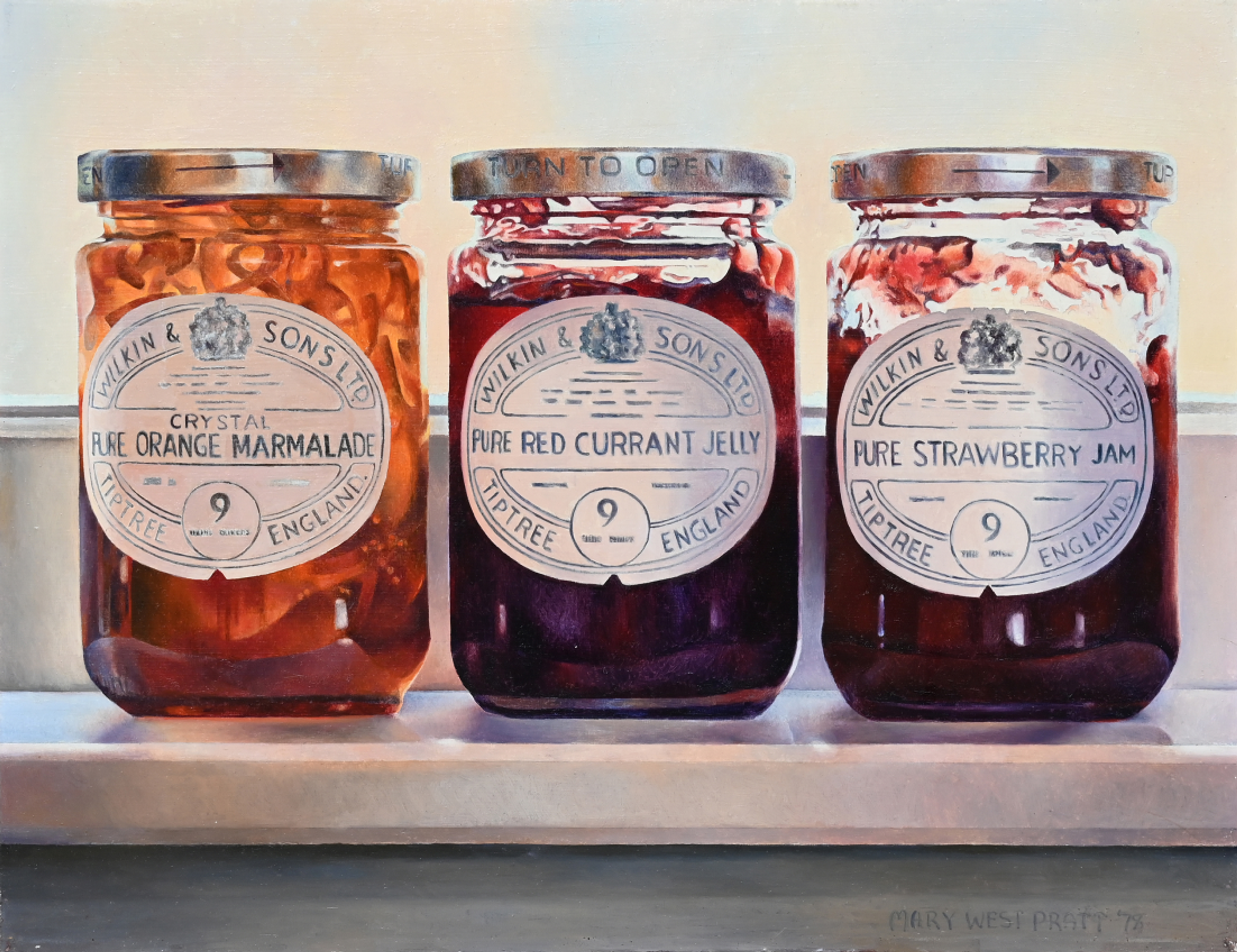 A realistic painting of three jars of jam, one is marmalade, one is red currant and the last is strawberry. 