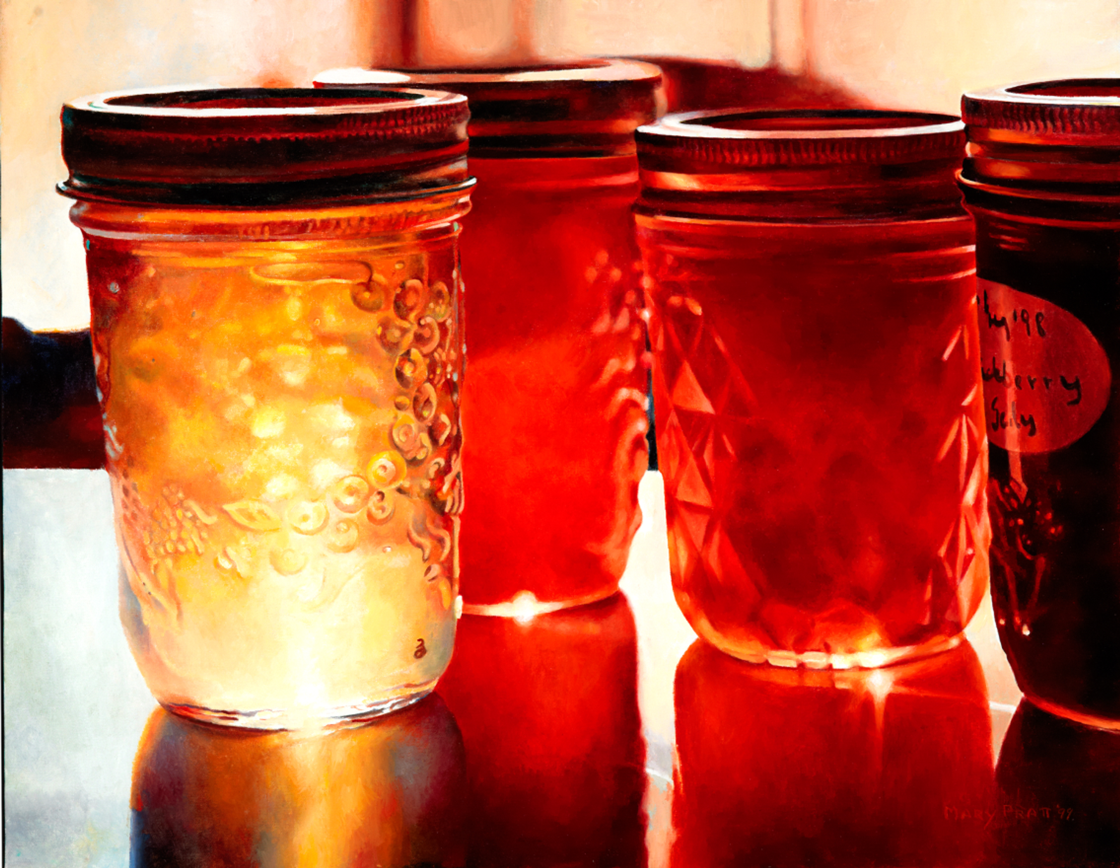 A realistic painting of four jars of coloured jellies sitting on a table with sunlight coming from behind.