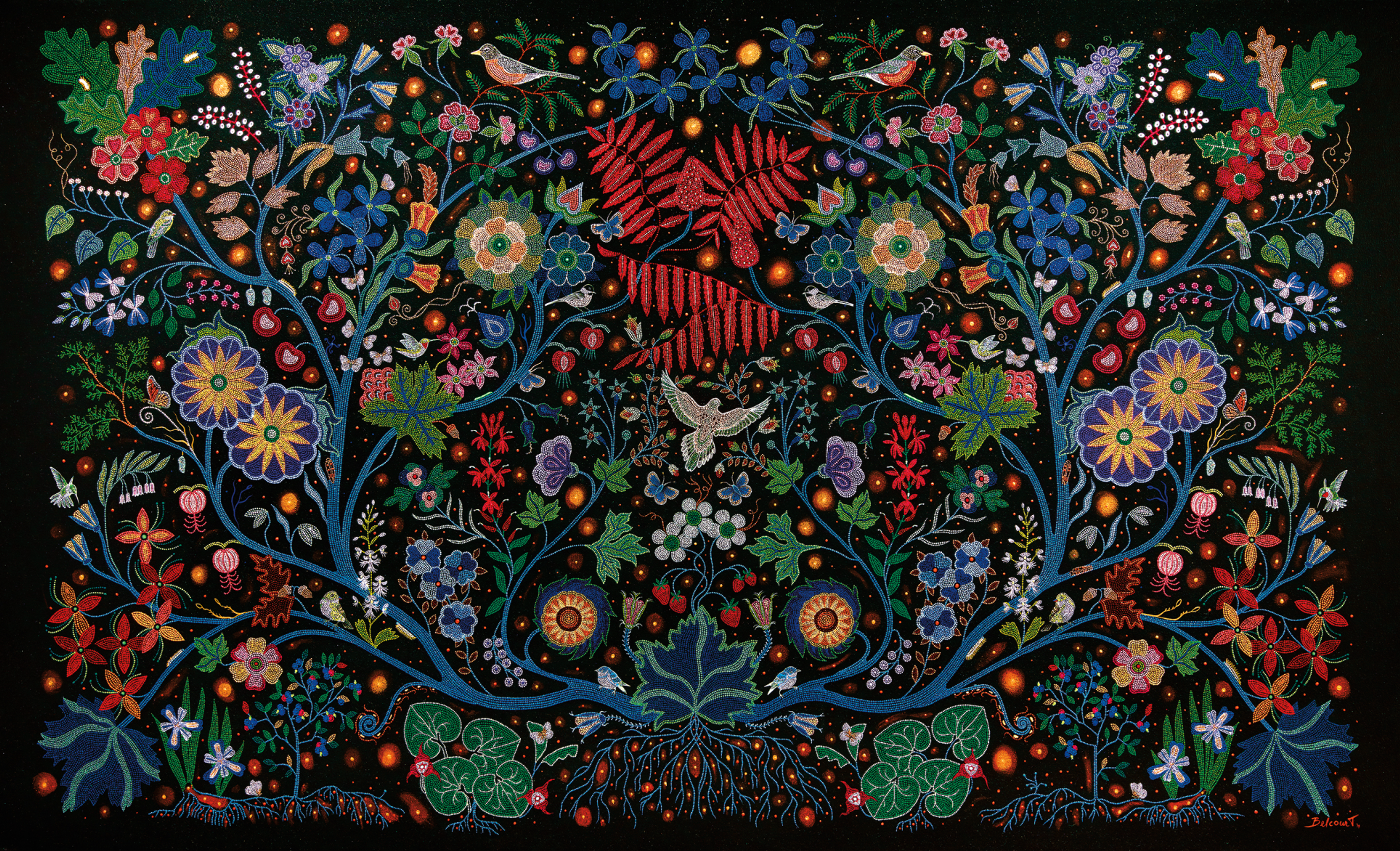 A painting of an interconnected garden with plants, birds, insects and flowers on a black background