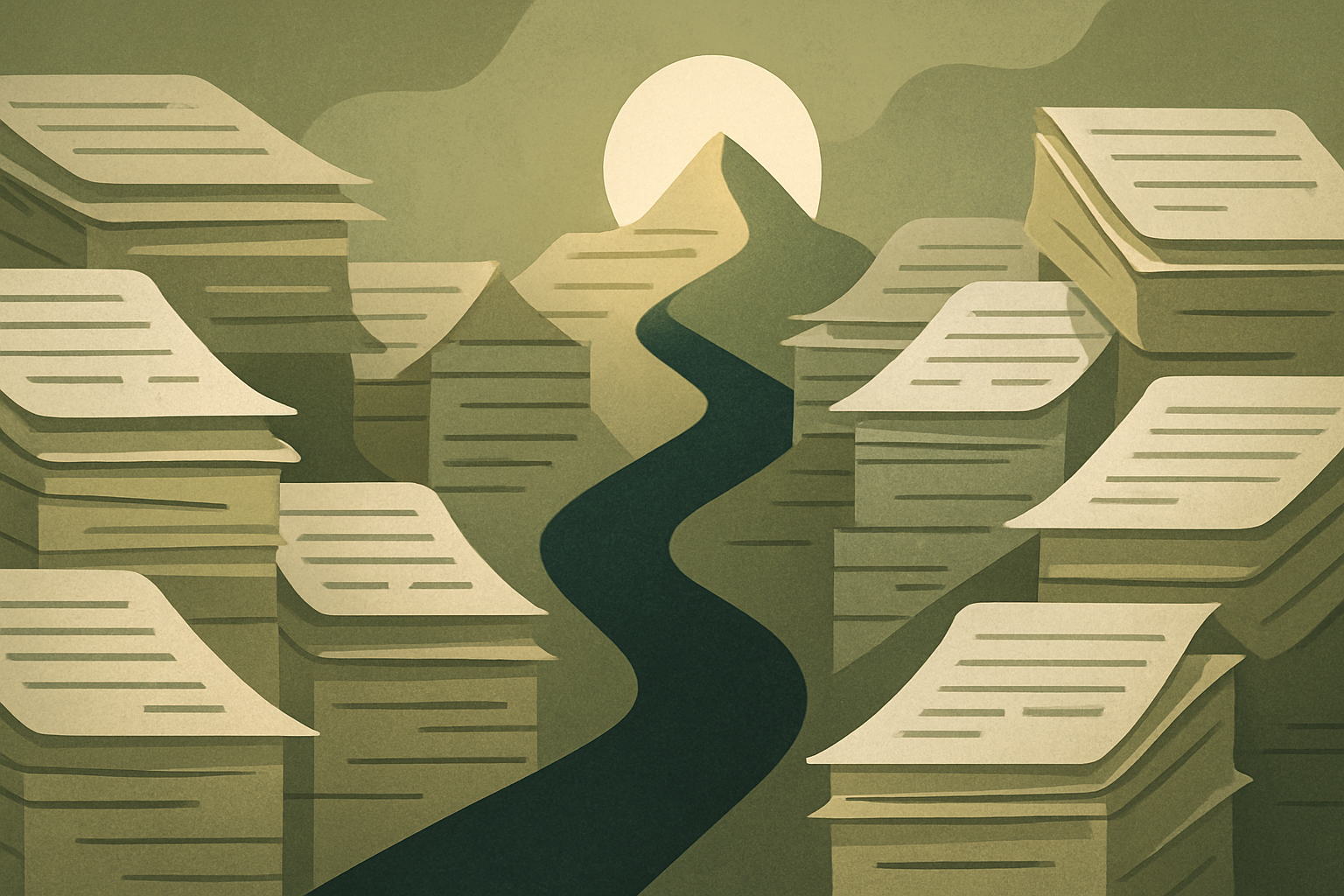 Abstract mountain of layered translucent documents with a clear path carved through them, representing organized evidence overcoming overwhelming volume. Use warm grays, olive, and taupe tones with dark teal accents.