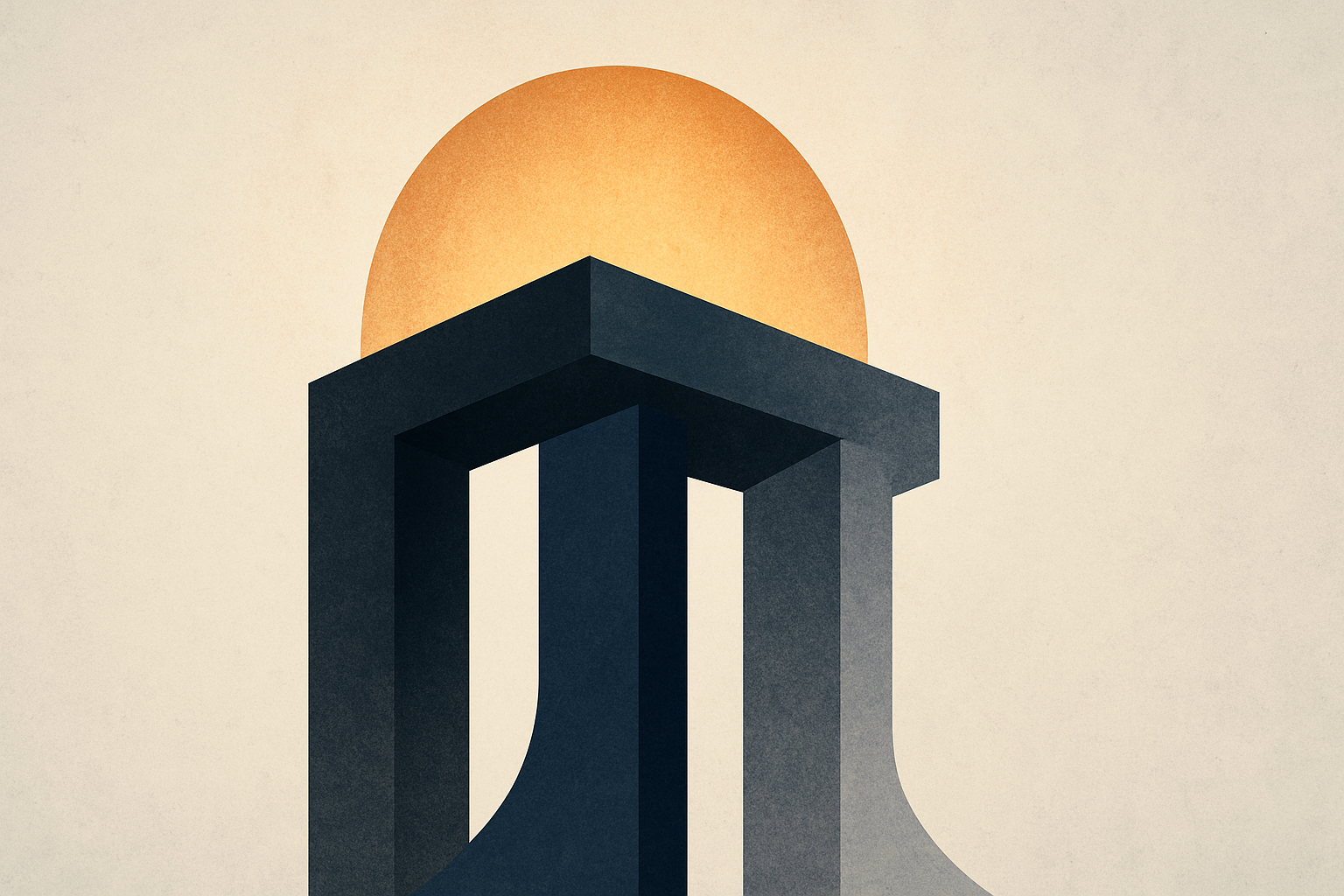 Three interlocking geometric prongs or pillars supporting a glowing structure, abstract representation of a legal framework's foundation. Use charcoal, ink blue, and graphite tones with amber or copper accents.