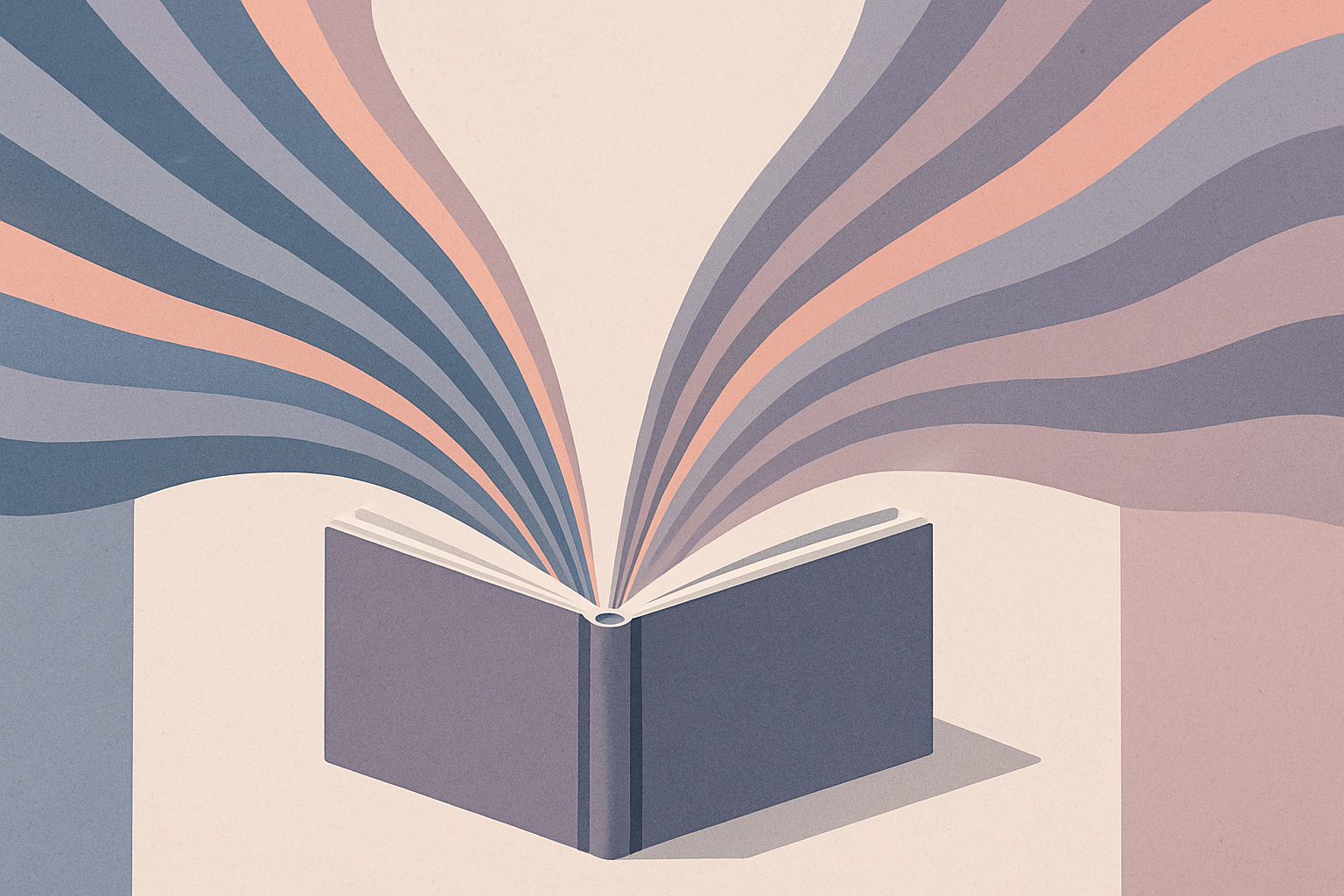 Two identical books or publications splitting into different abstract light spectrums, representing the same word carrying two distinct meanings. Use lavender gray, dusty blue, and mauve tones with soft coral accents.