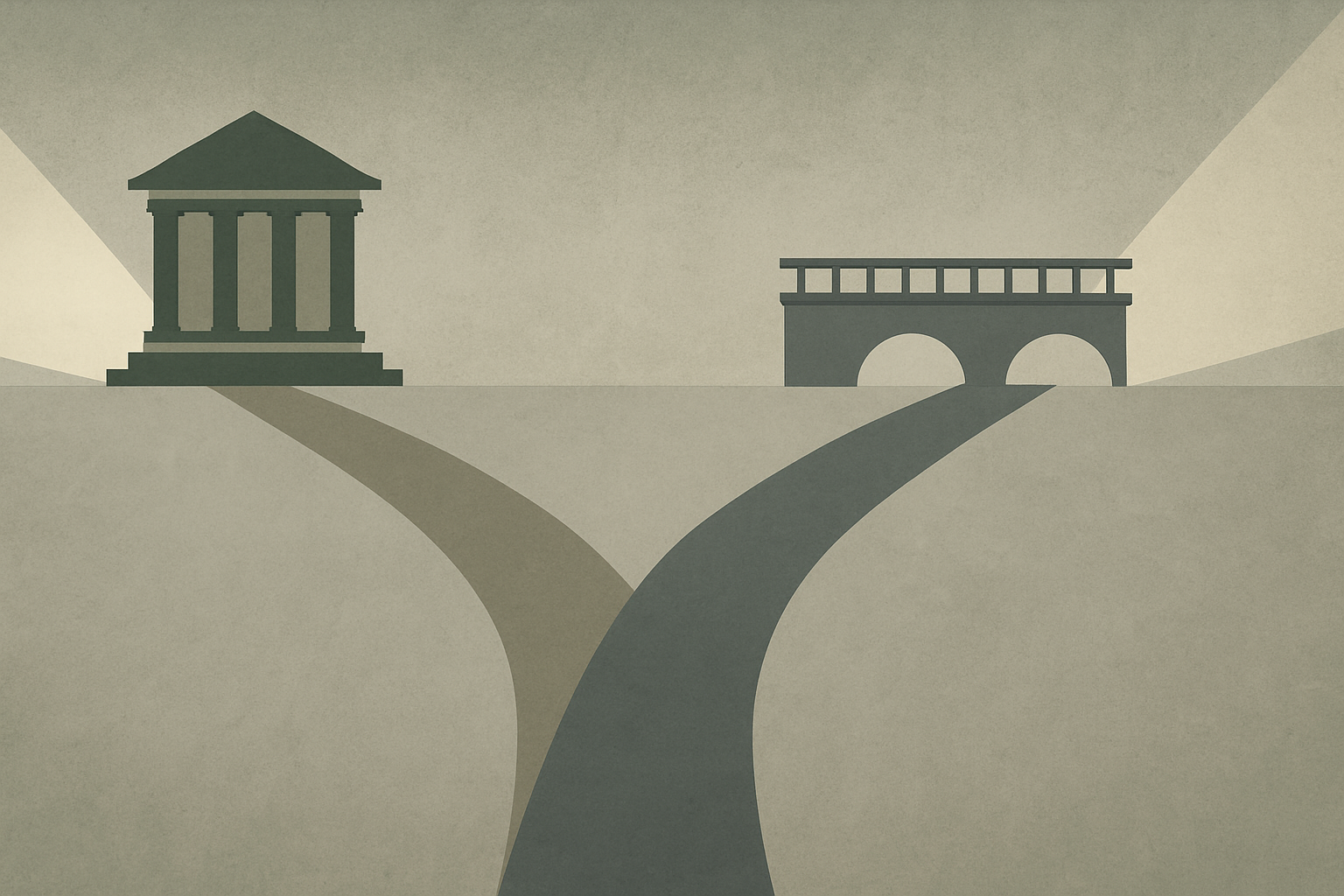 Two parallel pathways diverging from a shared origin point, one leading to a permanent structure, the other to a temporary bridge, both illuminated
