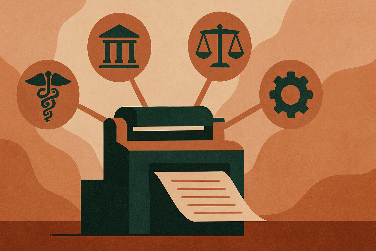 Abstract printing press or editorial desk with radiating industry symbols, representing professional trade publication across multiple fields. Use warm terracotta, sand, and burnt sienna tones with deep forest green accents.