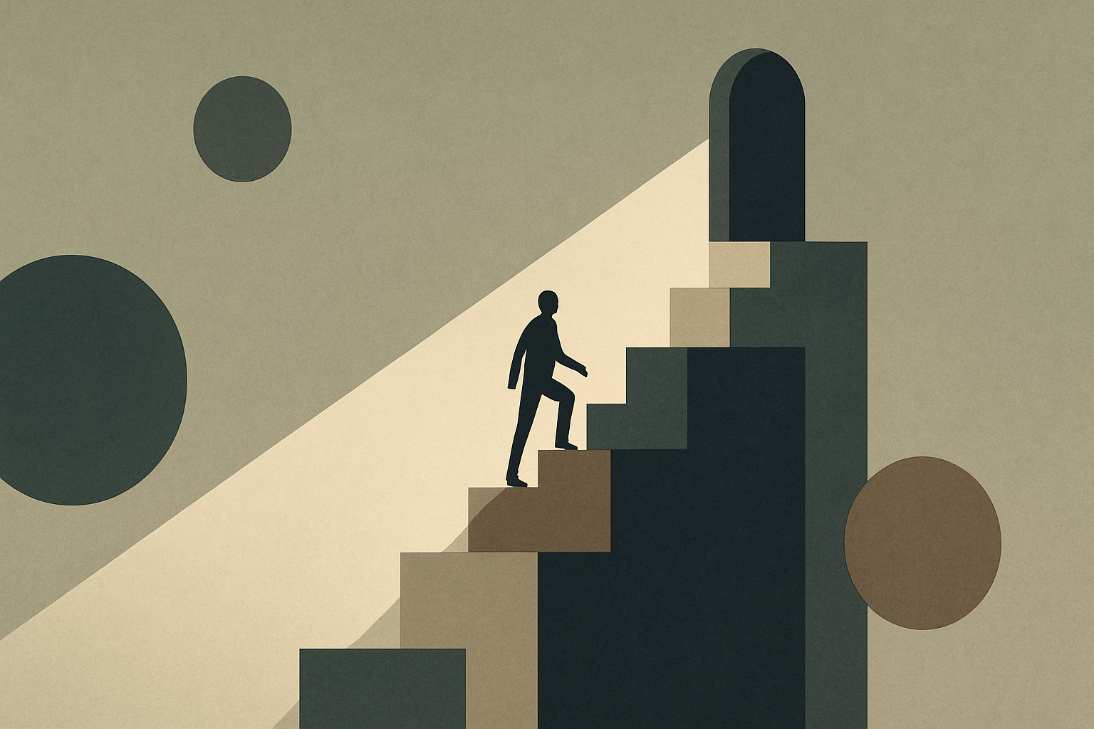 Abstract ascending pathway made of geometric shapes and light beams, representing self-directed achievement and upward mobility through immigration