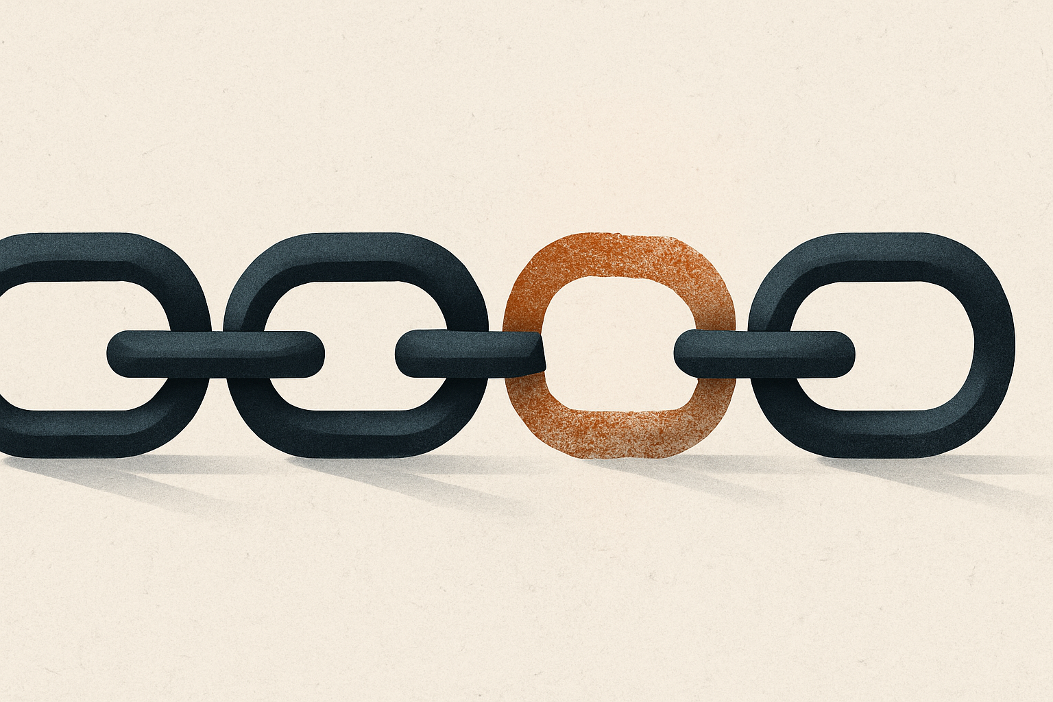 Chain of polished geometric links with one rough unfinished link, representing the weakest point in a documentation chain. Use charcoal, ink blue, and graphite tones with amber or copper accents.