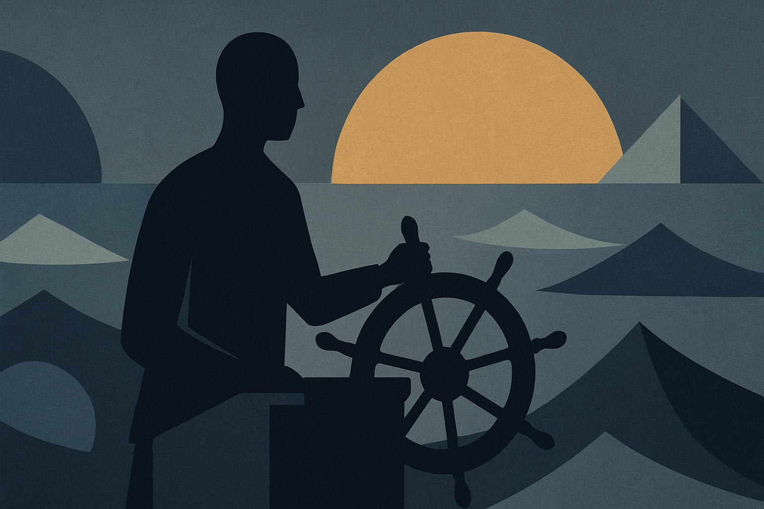 Single figure silhouette (abstract, no face) standing at a podium or helm, steering their own course through a sea of geometric shapes. Use deep navy, slate blue, and steel tones with warm gold highlights.