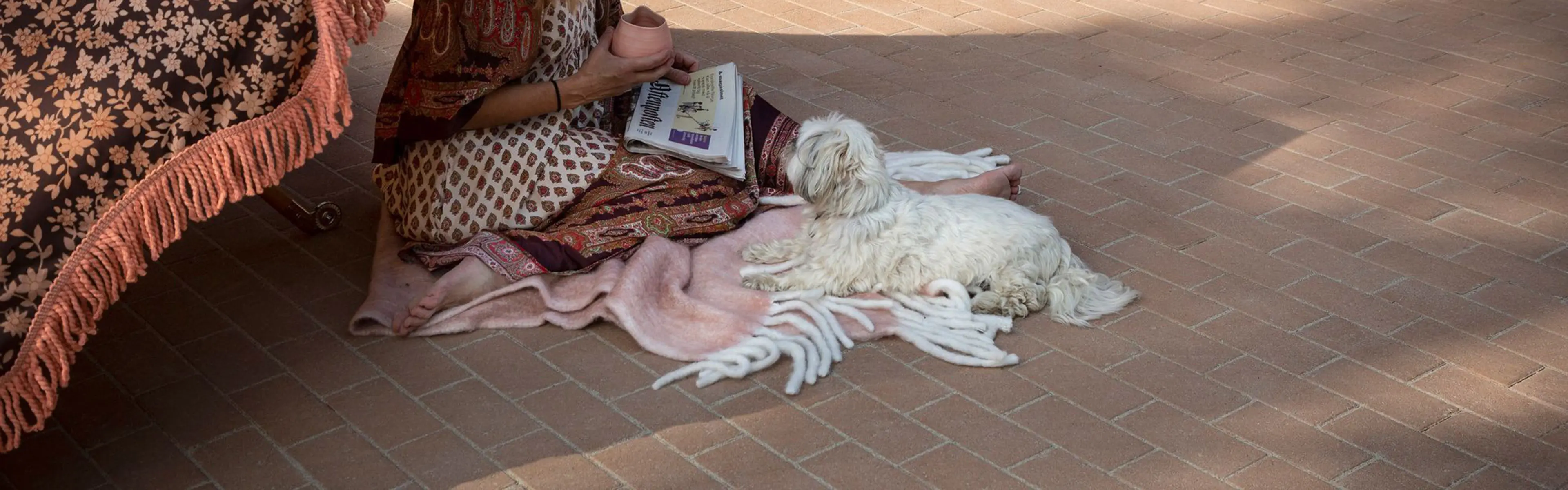 Kvinne som sitter på bakken under parasoll med en hund på uteplass med belegningsstein.