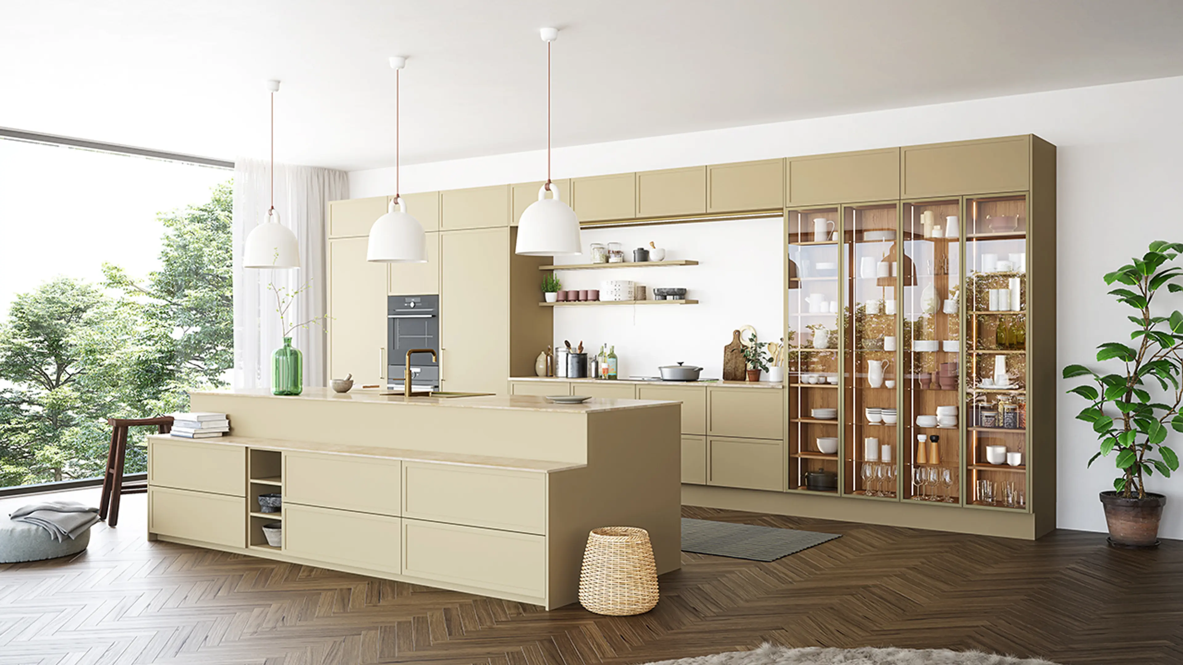 Brunt kjøkken med glatte fronter og glassfronter fra JKE Design.