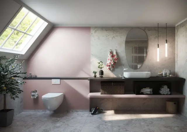 stort baderom med Fibo veggplater: White Marble og Pale Pink