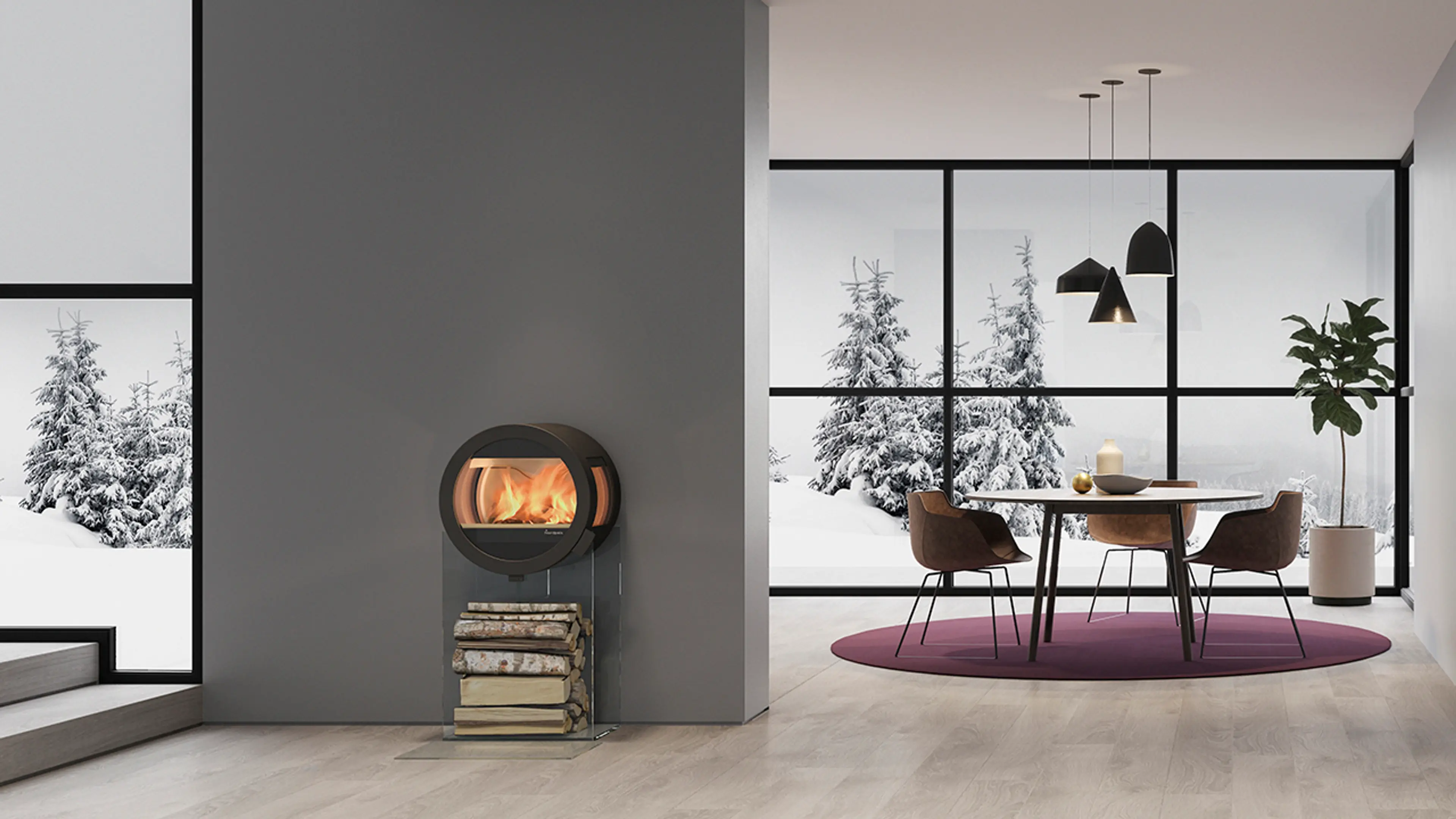 Peisen Me Glass fra Nordpeis inne i et moderne hus med minimalistisk stil. 
