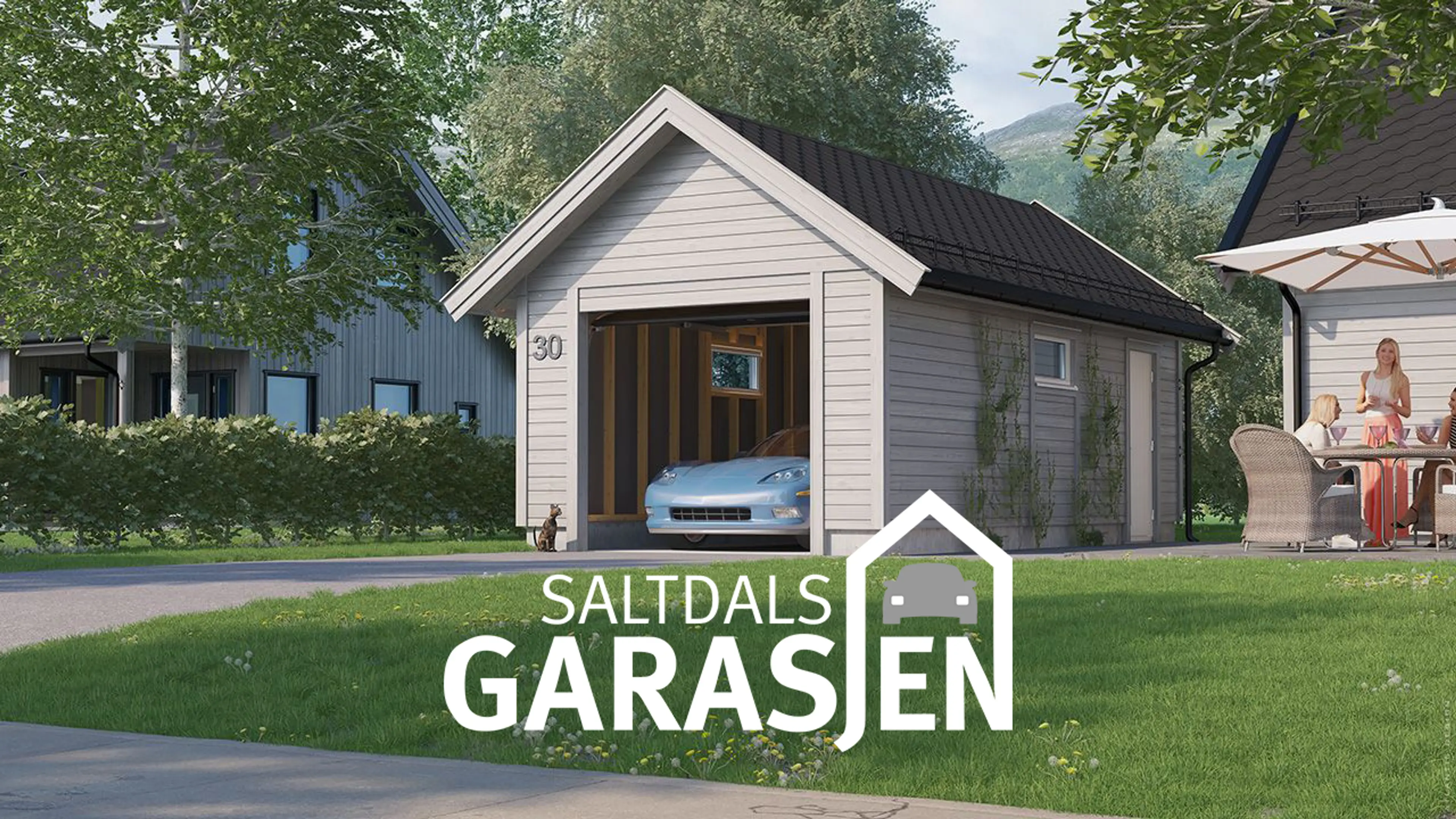 Enkel ferdiggarasje fra Saltdalsgarasjen utenfor hus og en venninnegjeng som snakker i hagen.