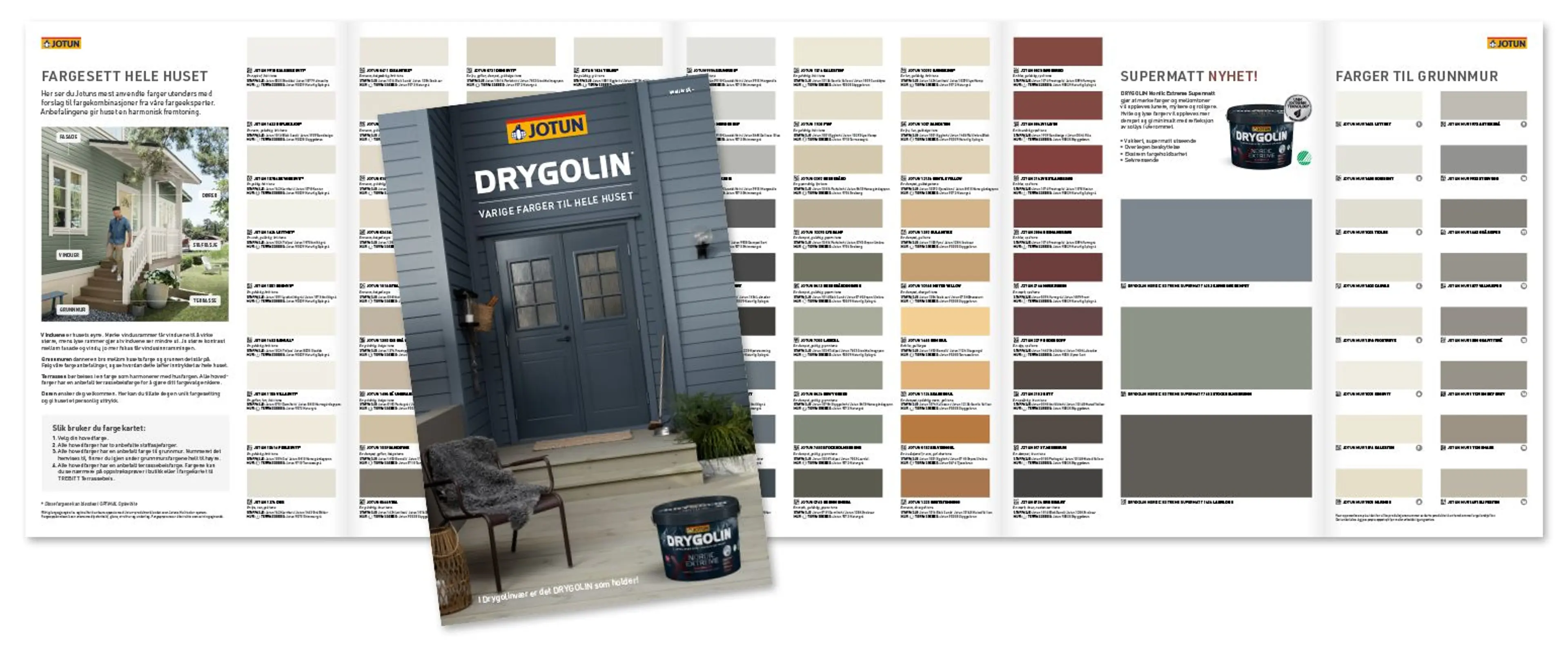 Jotuns nye Drygolin-fargekart med alle Jotuns utefarger med anbefalte kombinasjonsfarger for hele huset, inkludert grunnmur og terrassebeis farger.