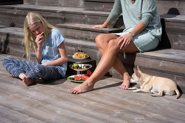 jente, kvinne og hund sitter på en terrasse i varmebehandlet furu