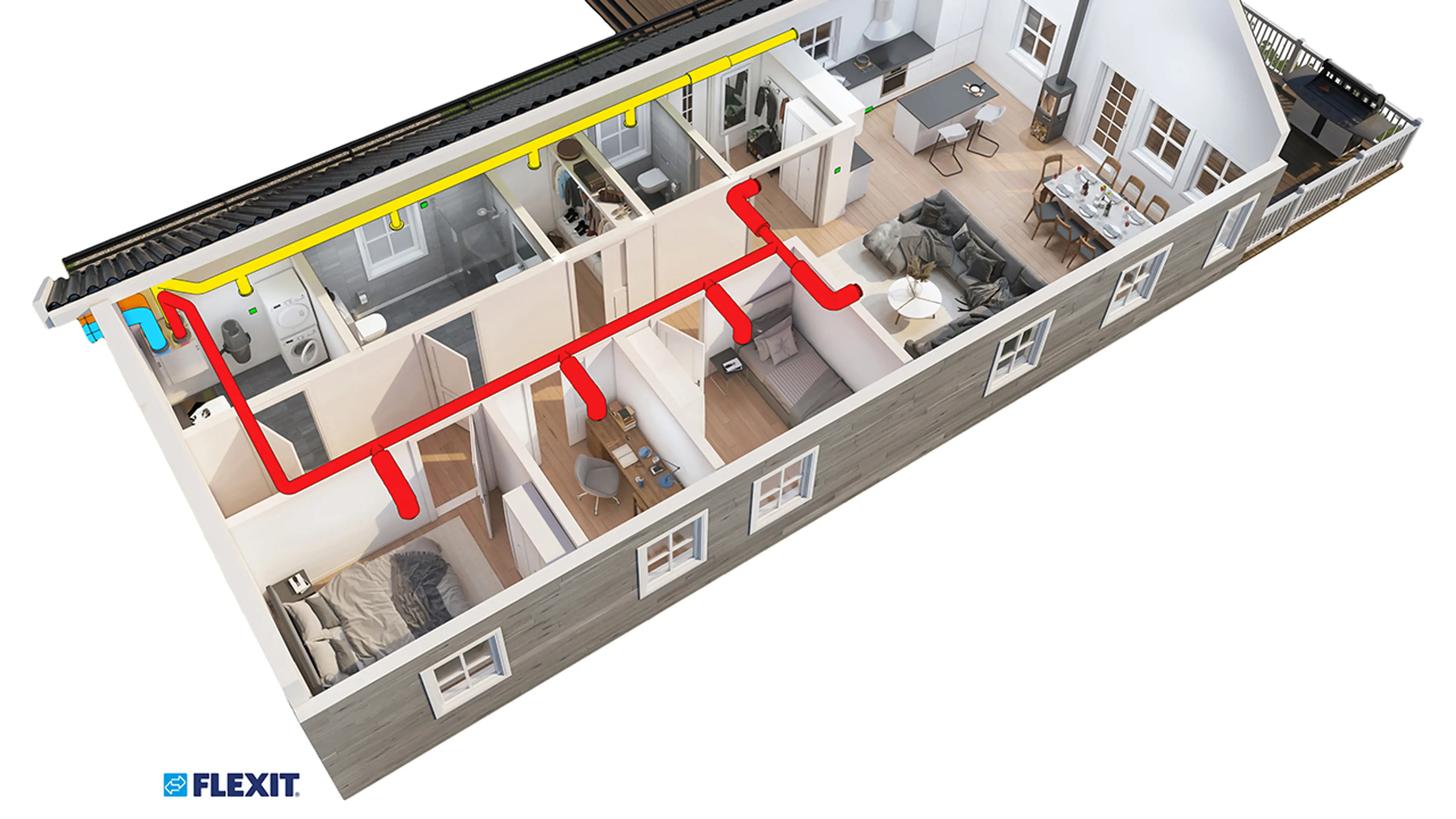 Illustrasjon av hus med balansert ventilasjon.