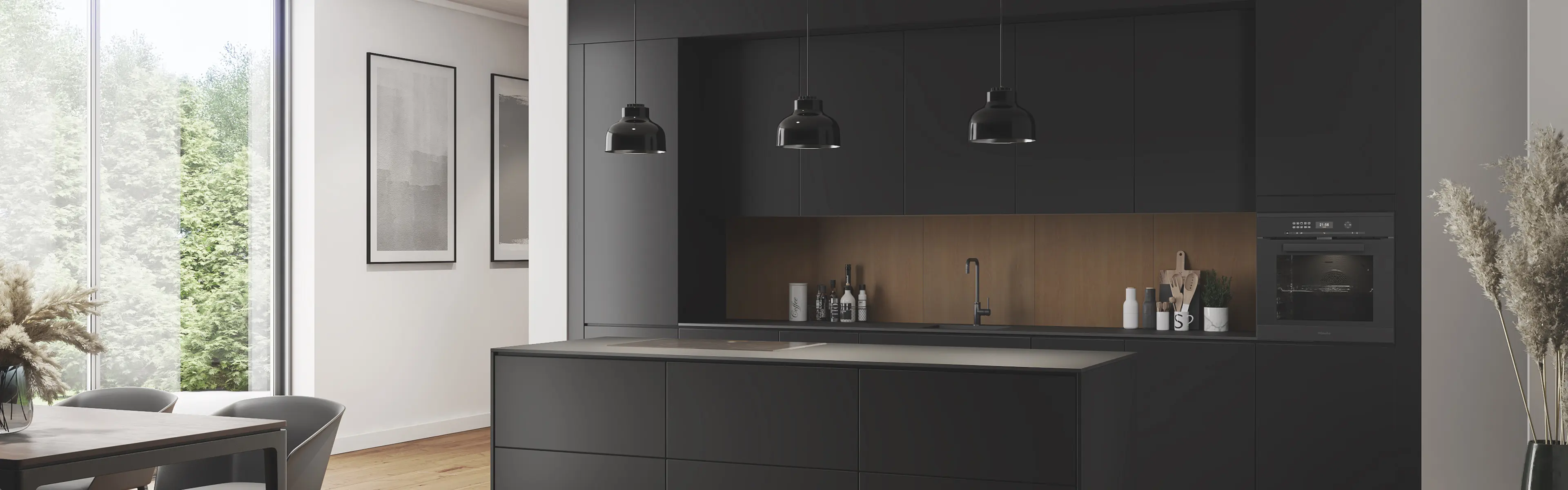 Nytt kjøkken med svart kjøkkeninnredning og kjøkkenplater i eik over kjøkkenbenken.