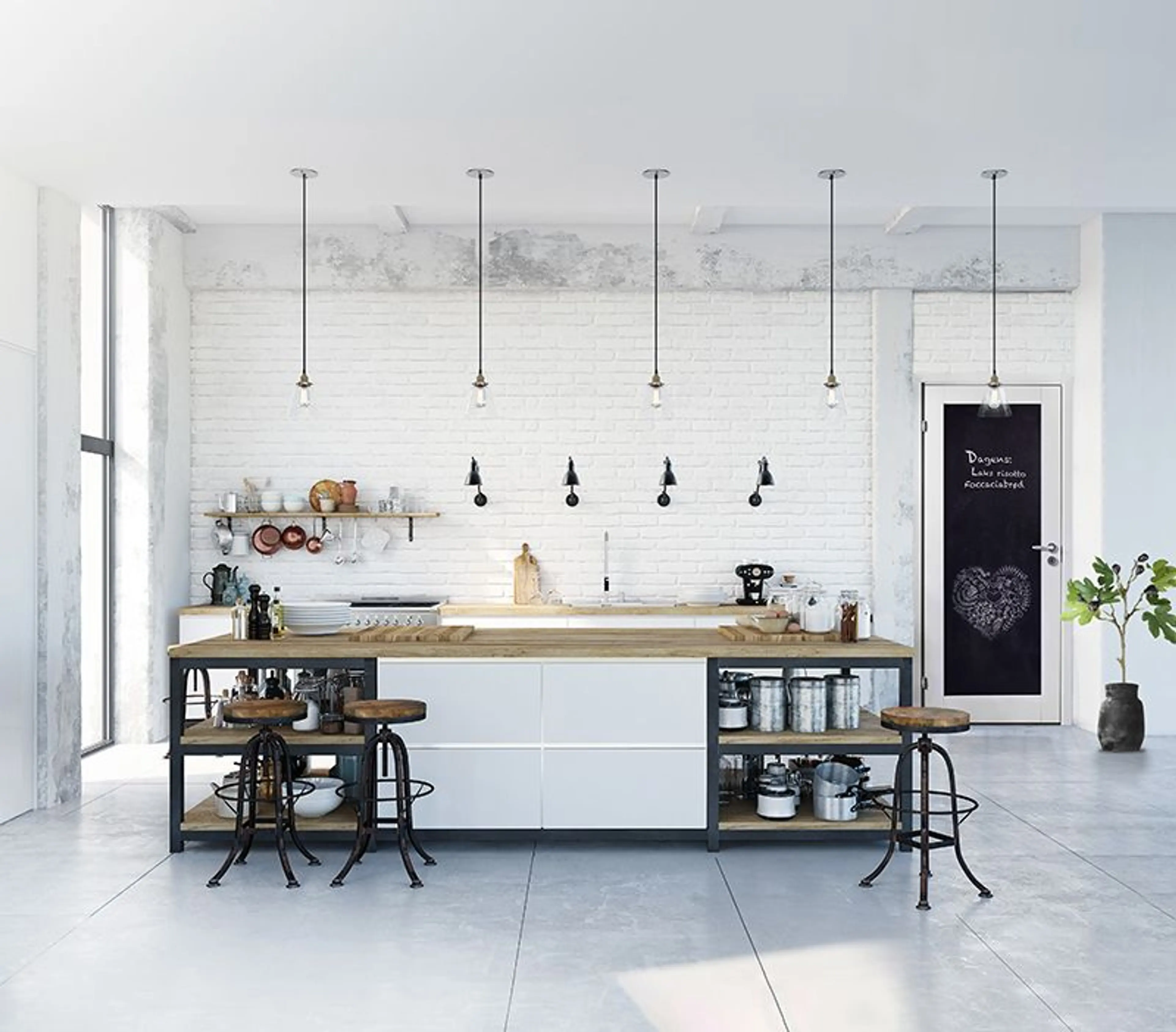 Hvitt kjøkken i mur og tre, innerdør med tavlemaling