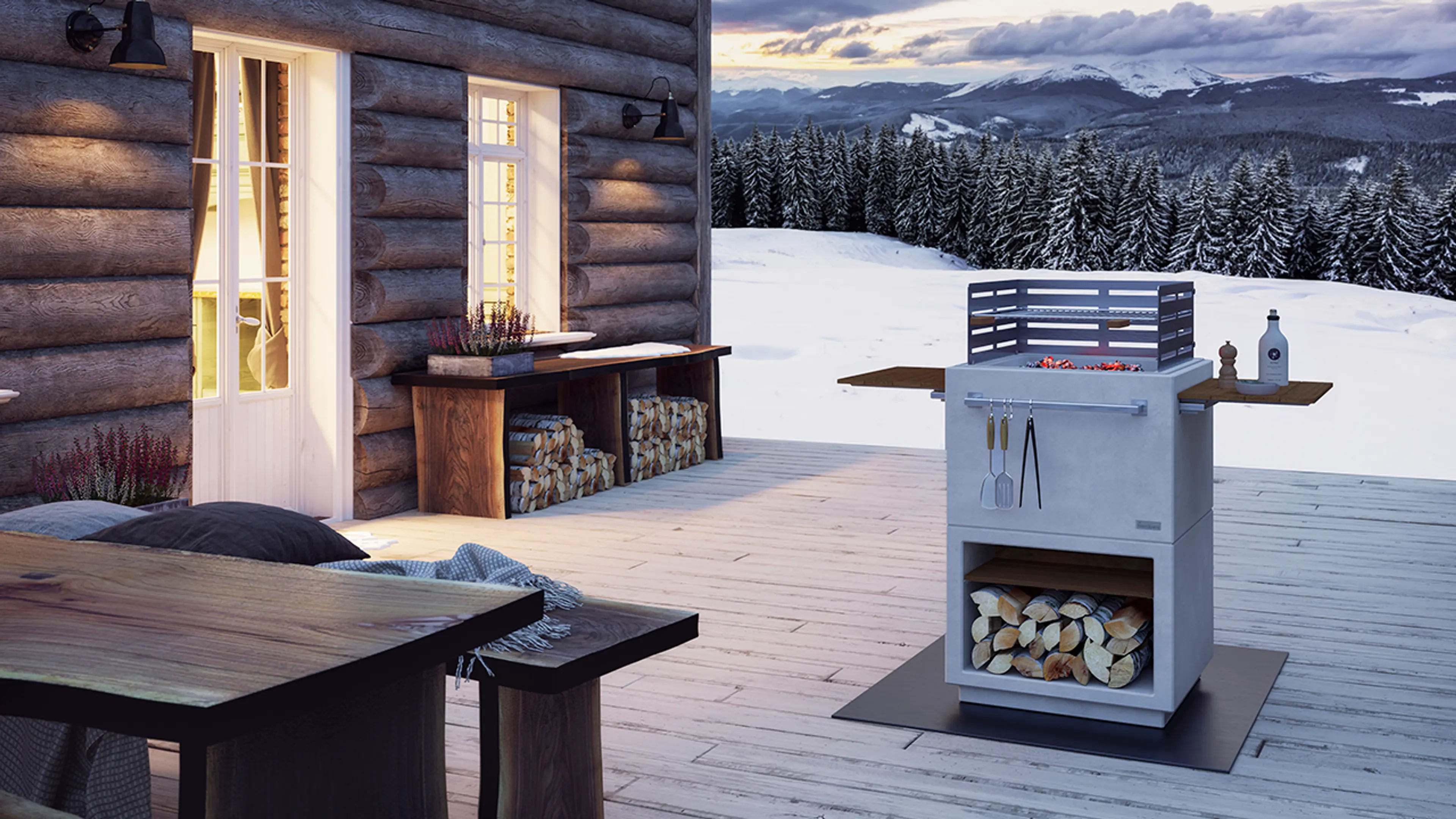 Utepeis til hytte på terrasse i snødekt landskap.